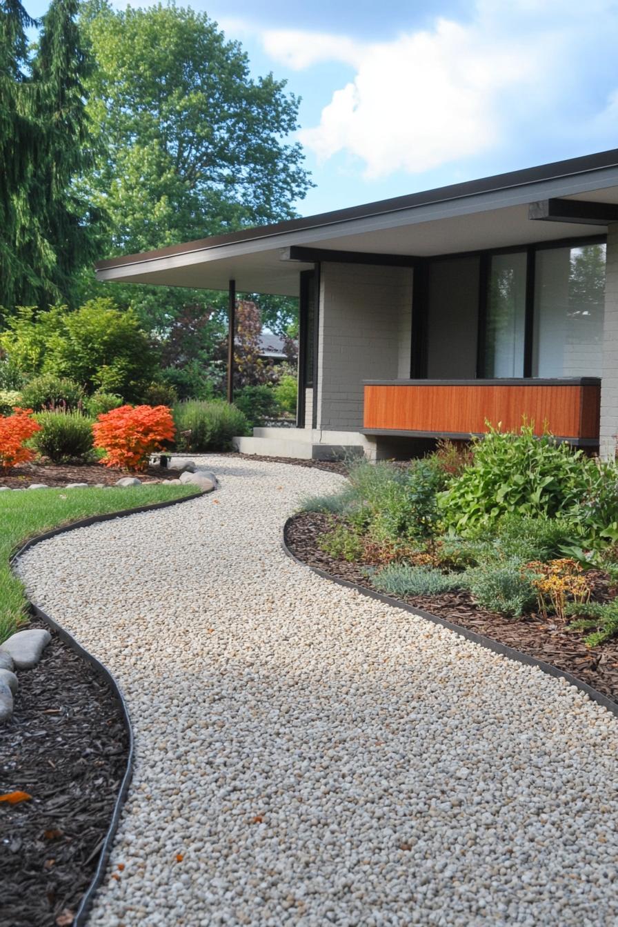 mid century modern house front yard gravel pathways with bold edging 3