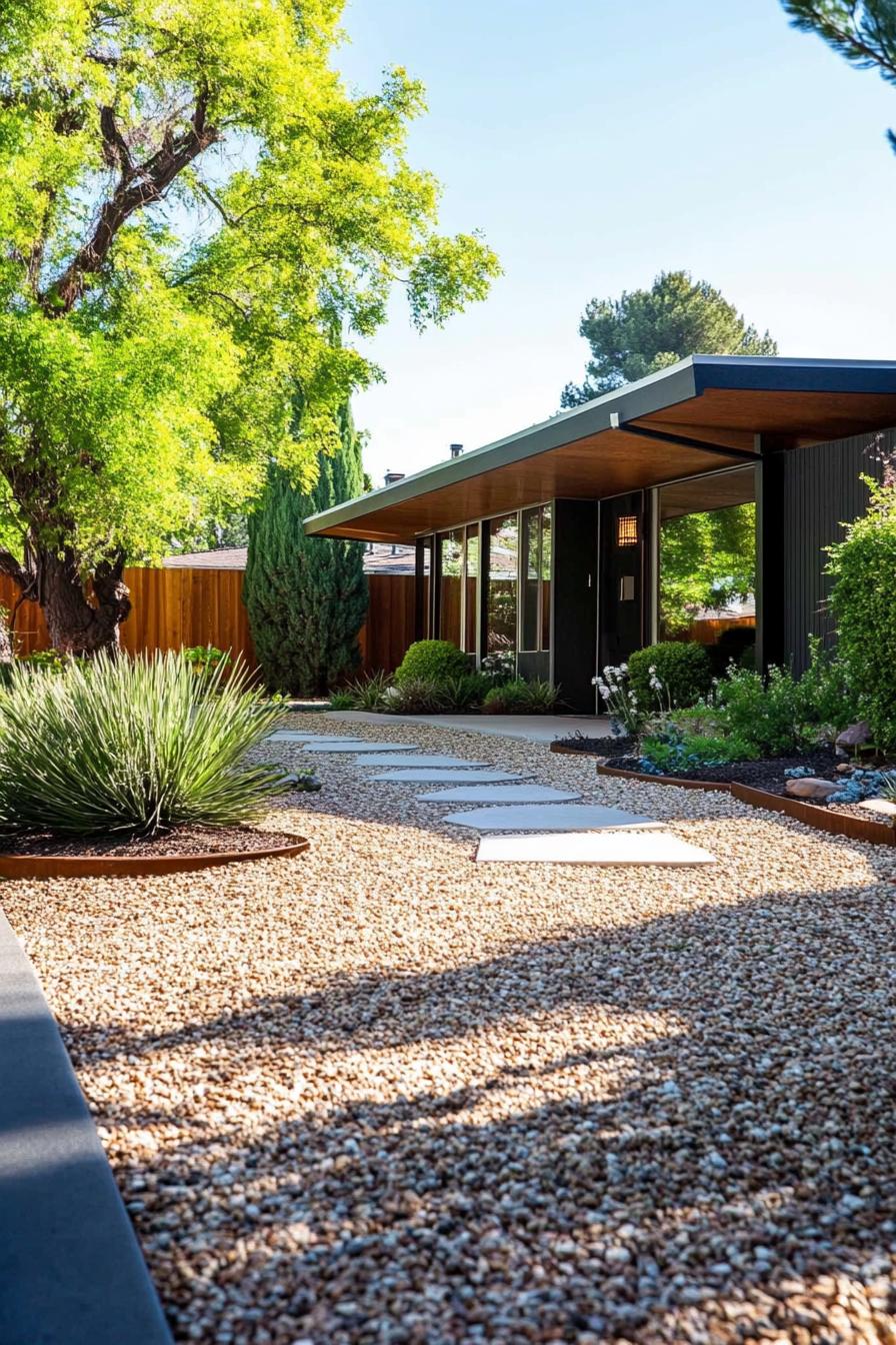 mid century modern house front yard gravel pathways with bold edging