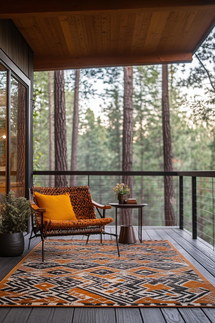 mid century modern lodge outdoor covered deck with geometric pattern rug overlooking ominous pine forest 1