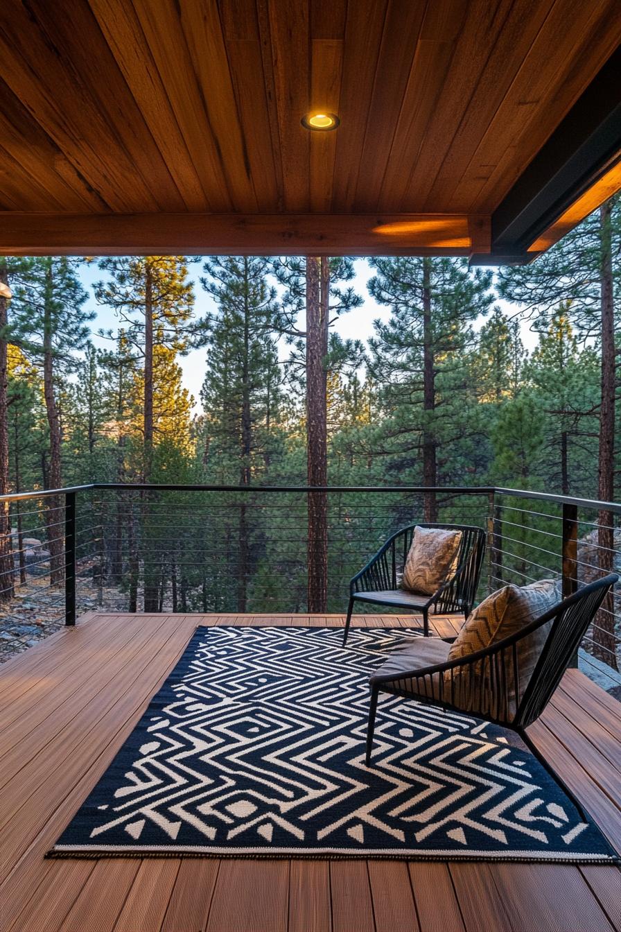 mid century modern lodge outdoor covered deck with geometric pattern rug overlooking ominous pine forest 2