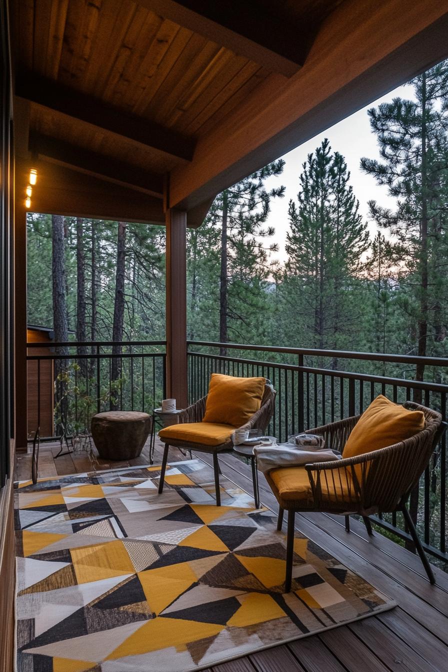 mid century modern lodge outdoor covered deck with geometric pattern rug overlooking ominous pine forest 3