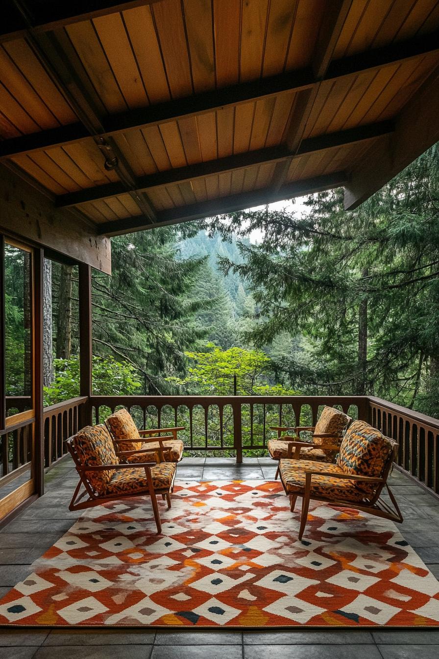 mid century modern lodge outdoor covered deck with geometric pattern rug overlooking ominous pine forest