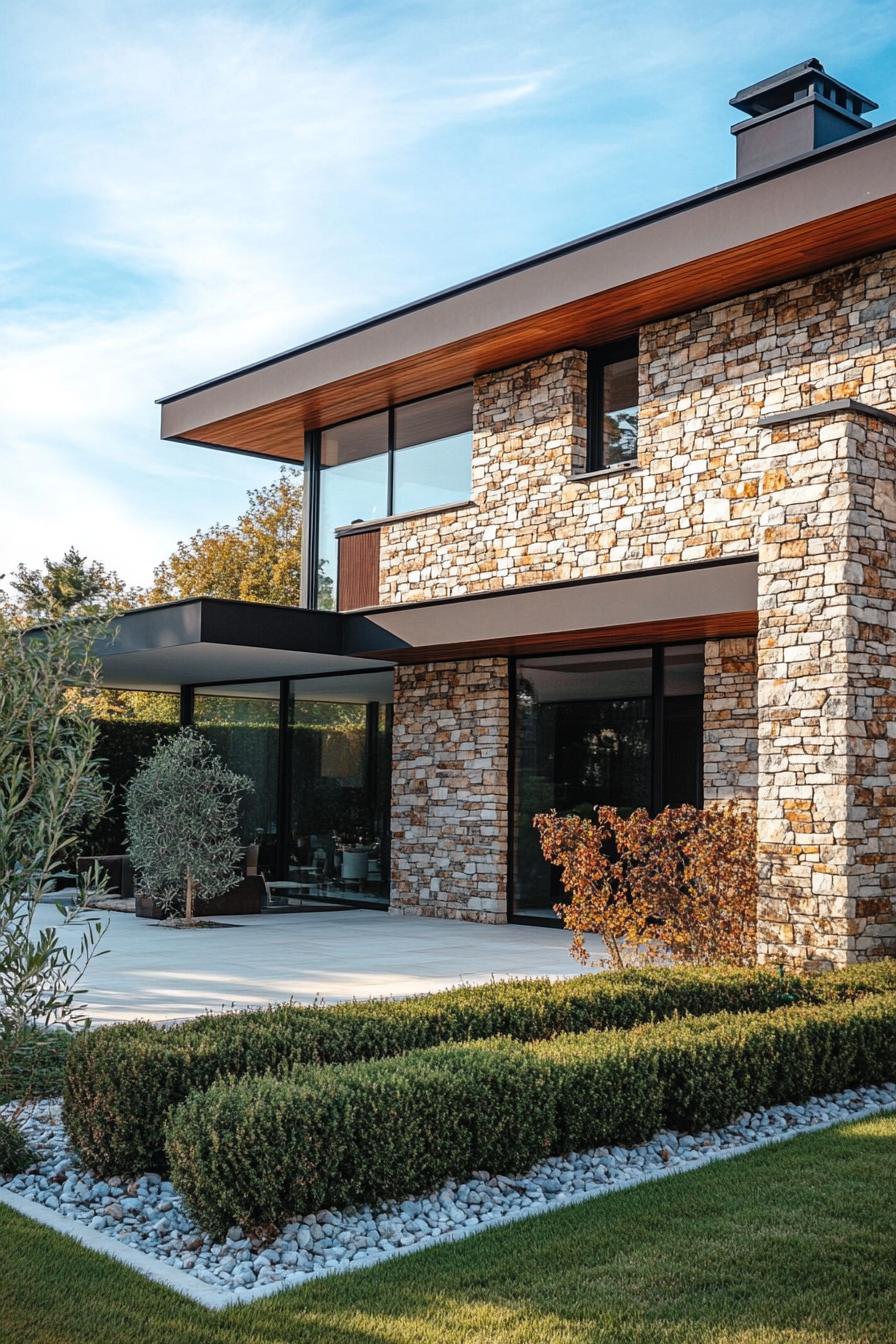 modern 70s style house facade with mixed stone and brick yard with thuja hedging 1