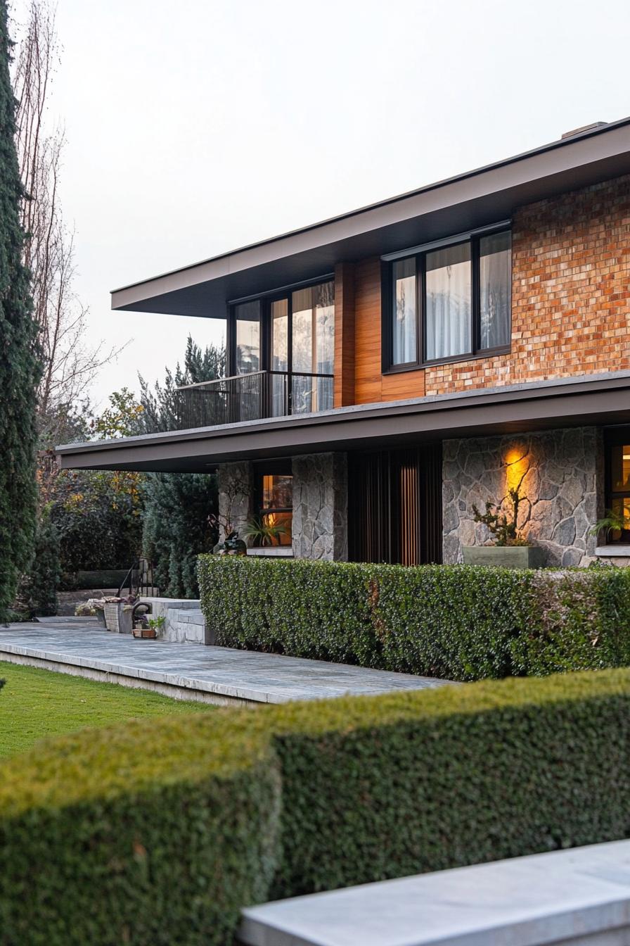 modern 70s style house facade with mixed stone and brick yard with thuja hedging 2