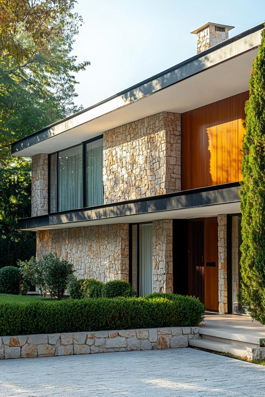 modern 70s style house facade with mixed stone and brick yard with thuja hedging 3