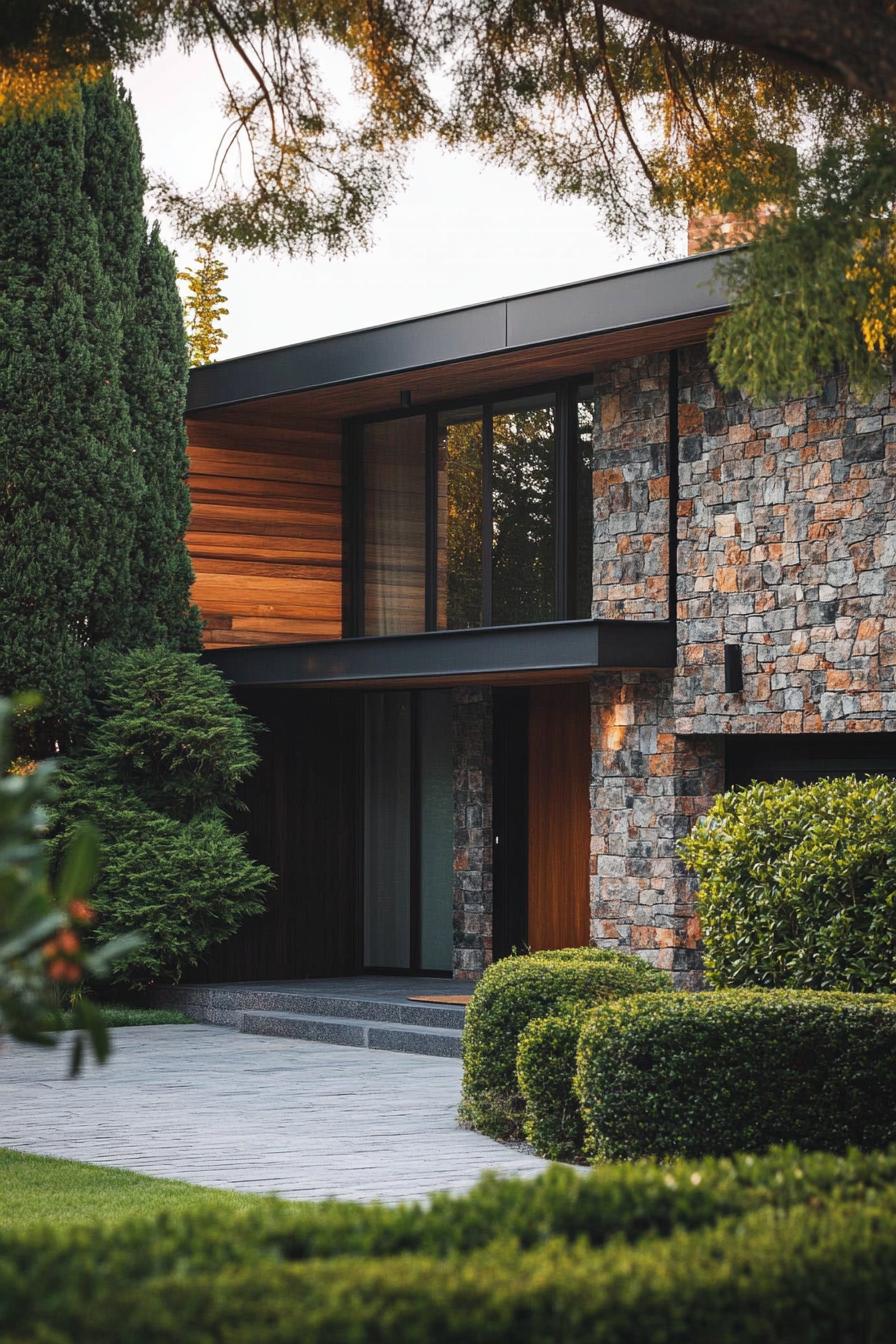 modern 70s style house facade with mixed stone and brick yard with thuja hedging