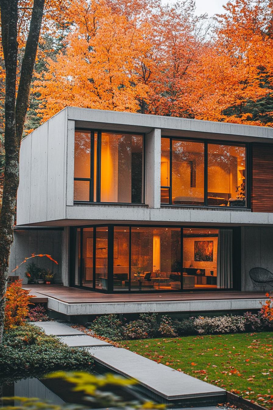 modern 90s style house concrete facade with large windows autumn maple forest in the background 1