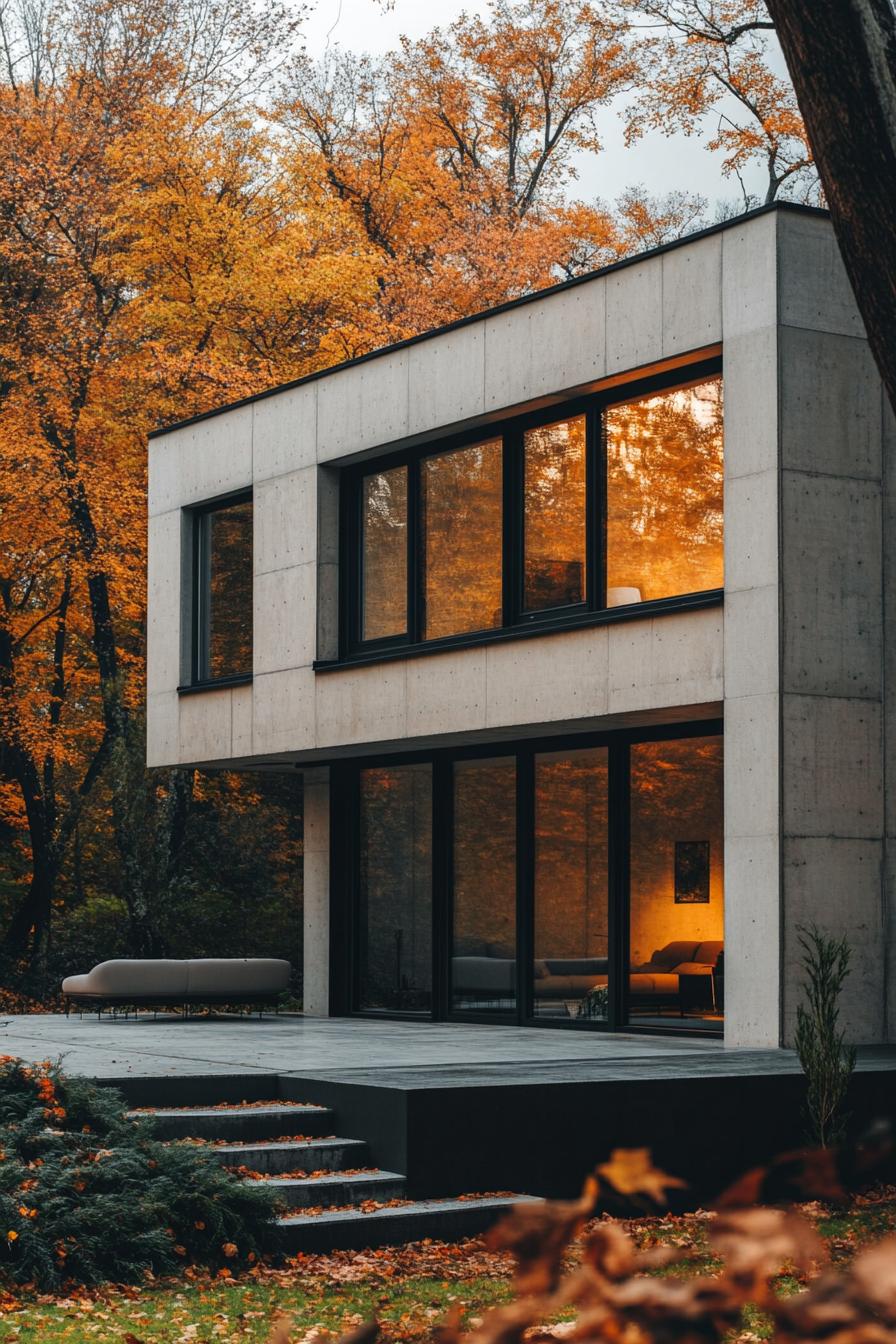 modern 90s style house concrete facade with large windows autumn maple forest in the background 2