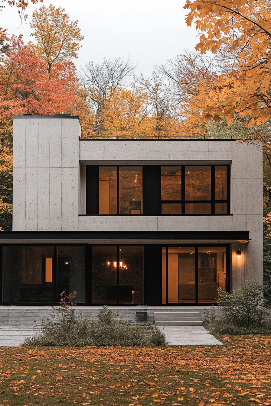 modern 90s style house concrete facade with large windows autumn maple forest in the background 3