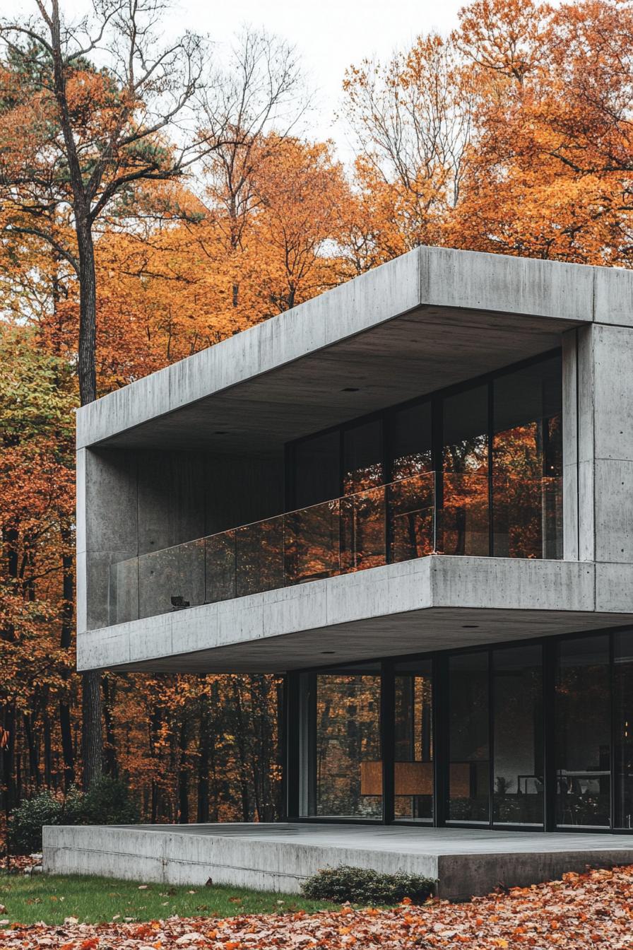 modern 90s style house concrete facade with large windows autumn maple forest in the background