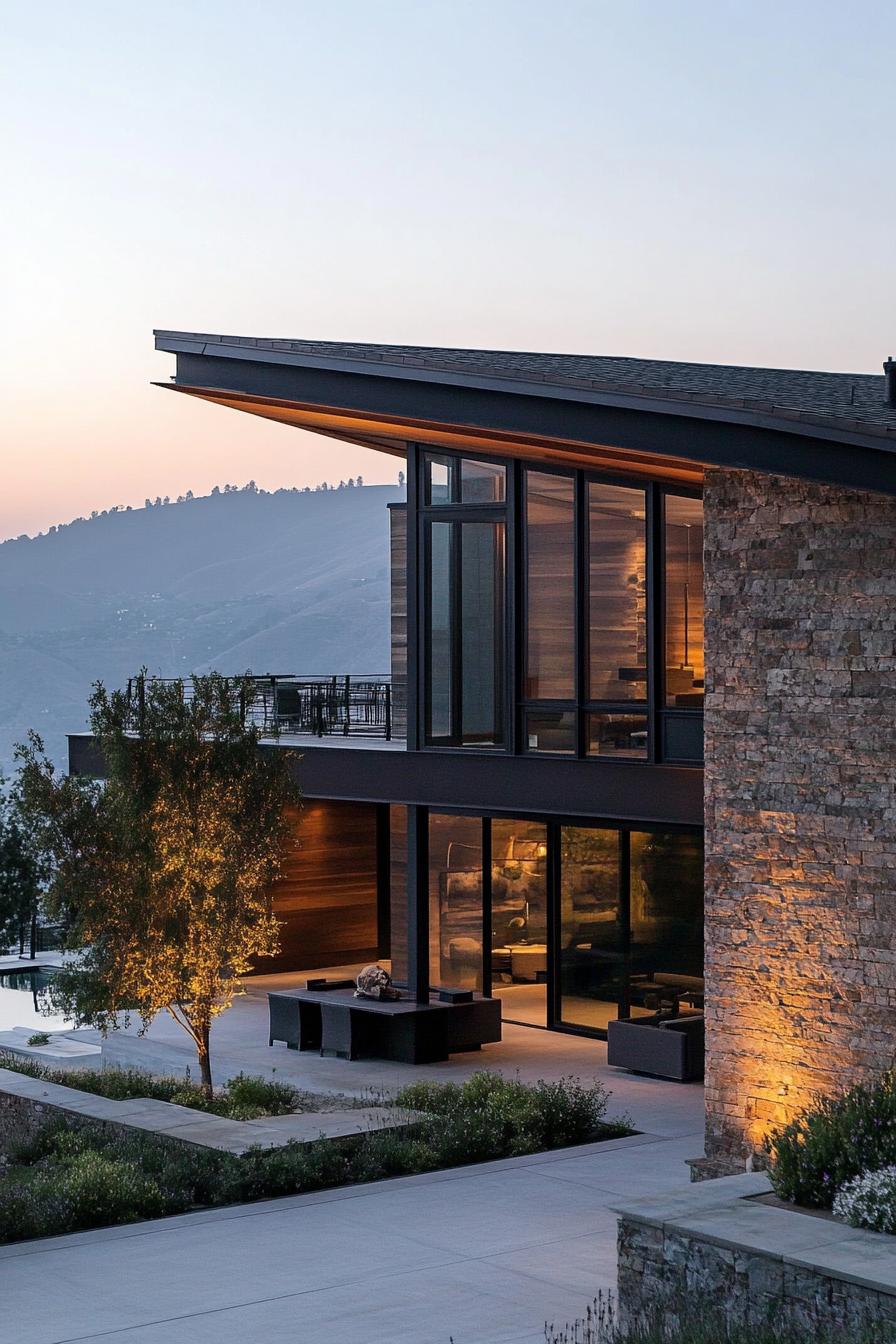 modern California house stone wood and metal facade with stunning California mountain lake views 1