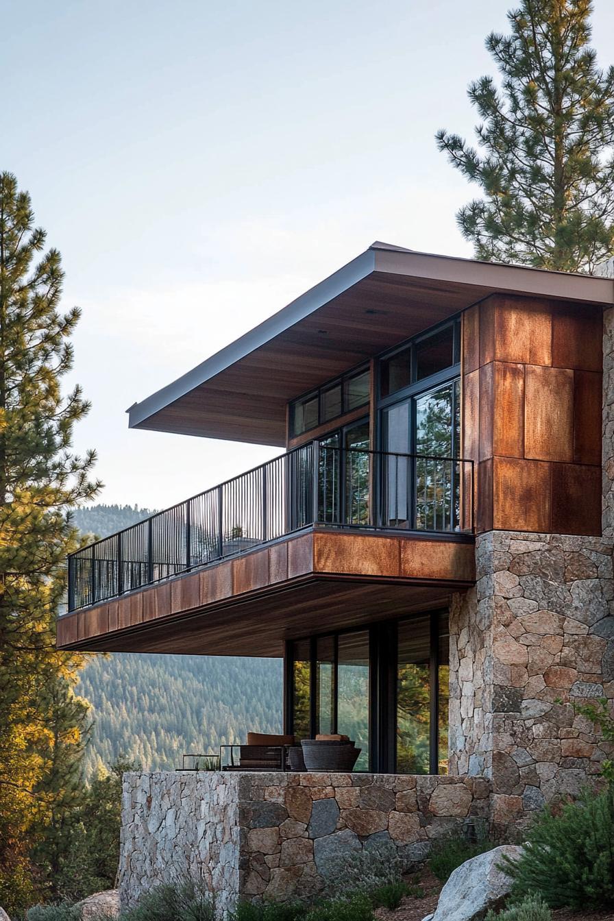 modern California house stone wood and metal facade with stunning California mountain lake views 2