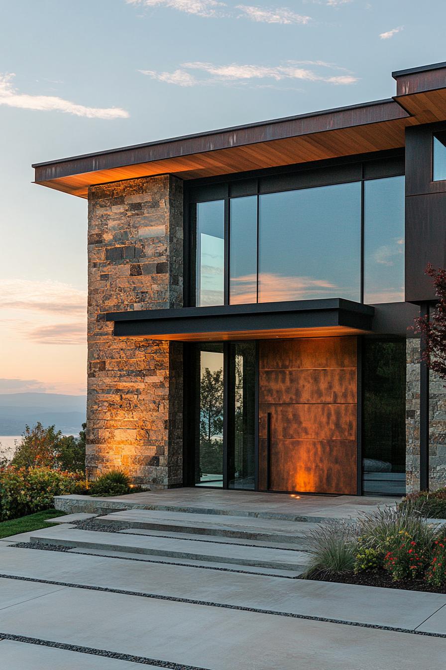 modern California house stone wood and metal facade with stunning California mountain lake views 3