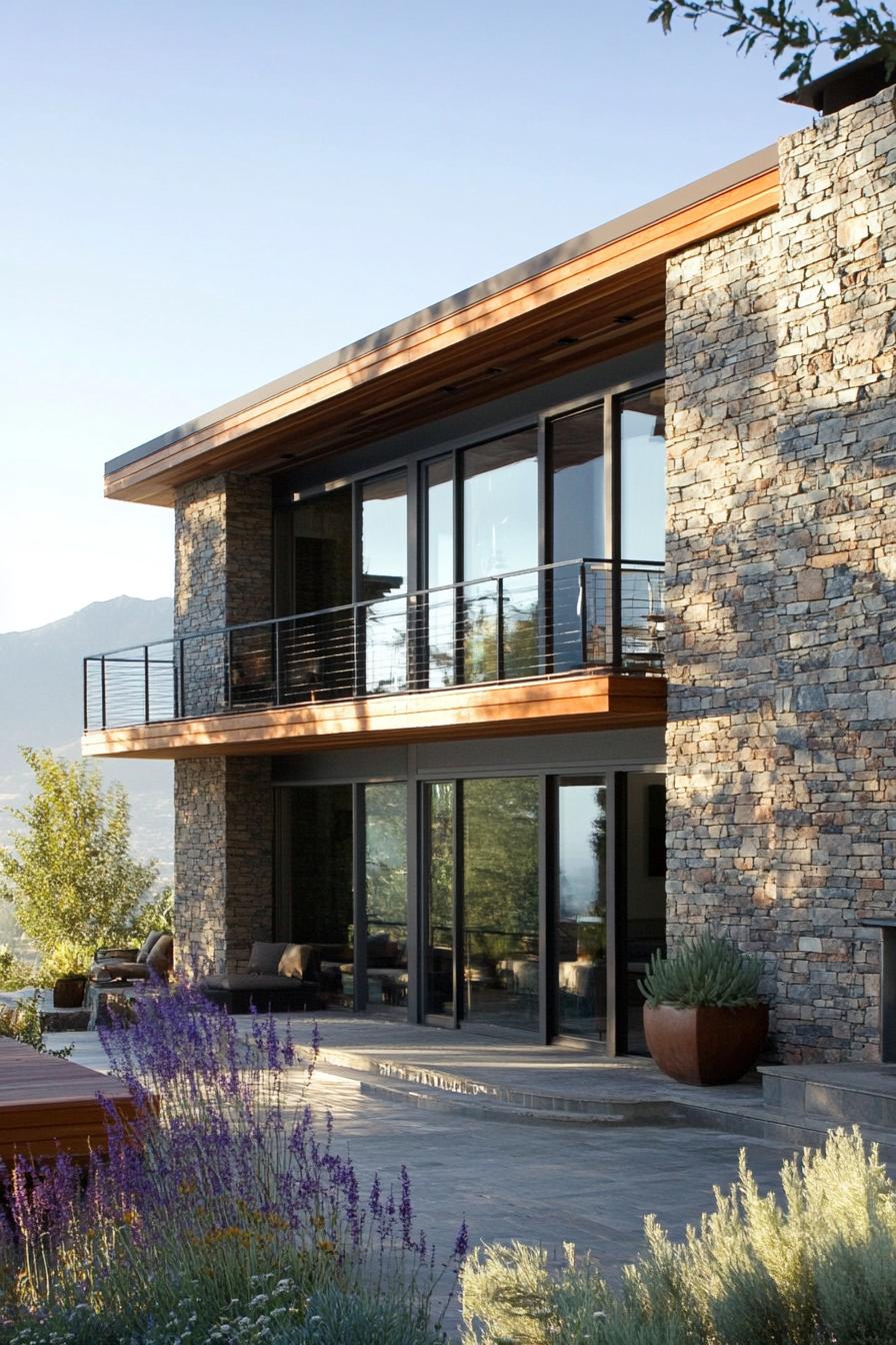 modern California house stone wood and metal facade with stunning California mountain lake views