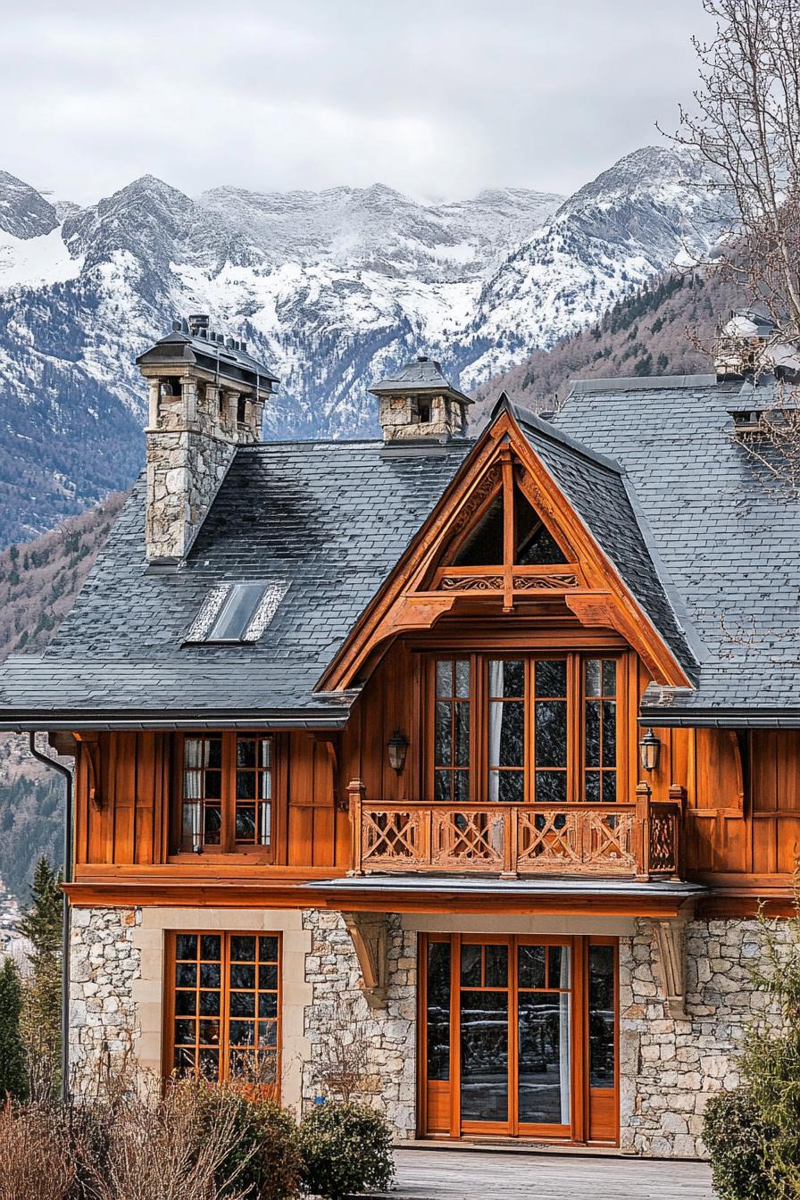 modern French chalet house with Slate Roof With Dormer Windows and Intricate Wood Carvings snowy Alps in the background 1