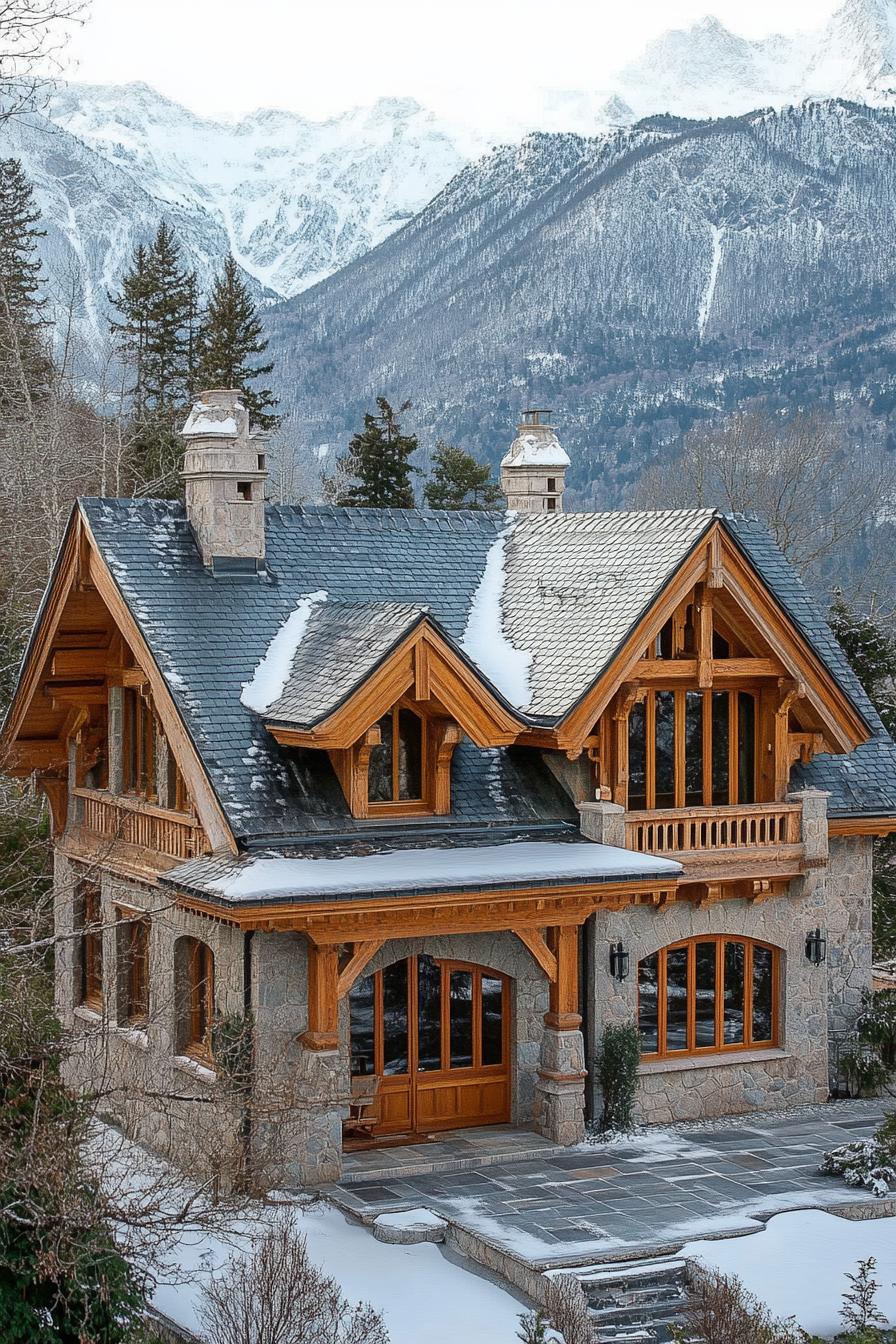 modern French chalet house with Slate Roof With Dormer Windows and Intricate Wood Carvings snowy Alps in the background 2