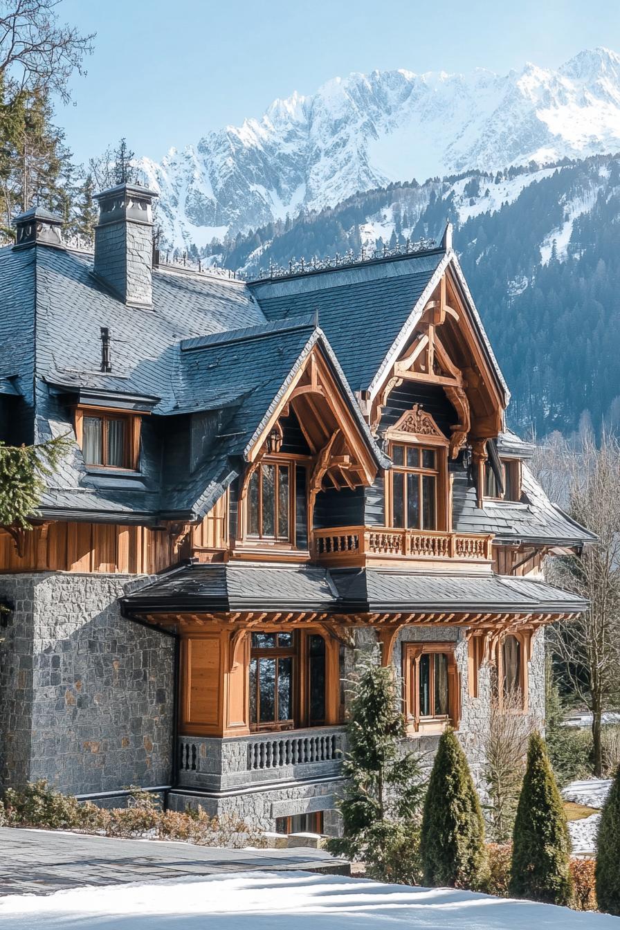 modern French chalet house with Slate Roof With Dormer Windows and Intricate Wood Carvings snowy Alps in the background 3