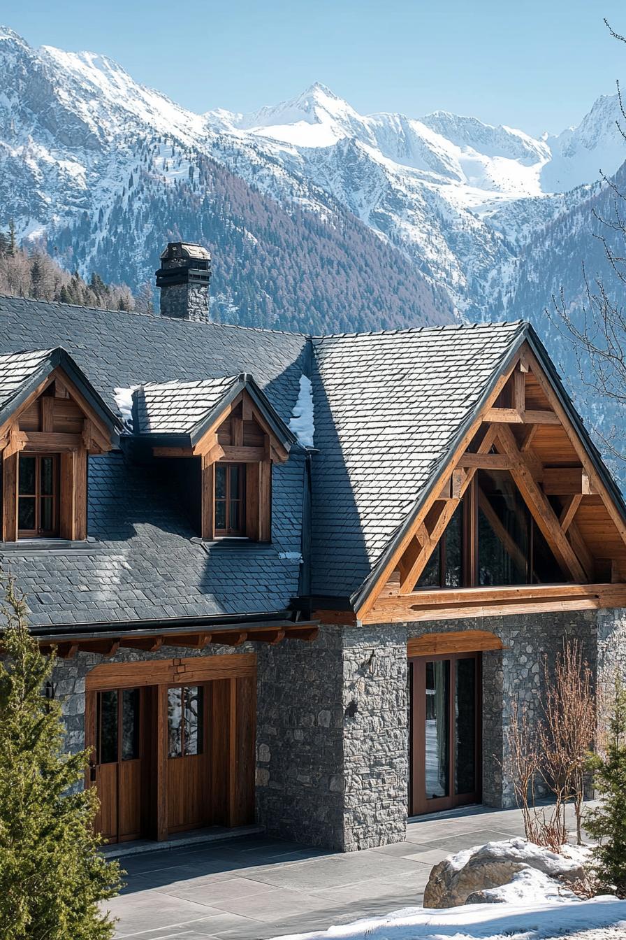 modern French chalet house with Slate Roof With Dormer Windows and Intricate Wood Carvings snowy Alps in the background