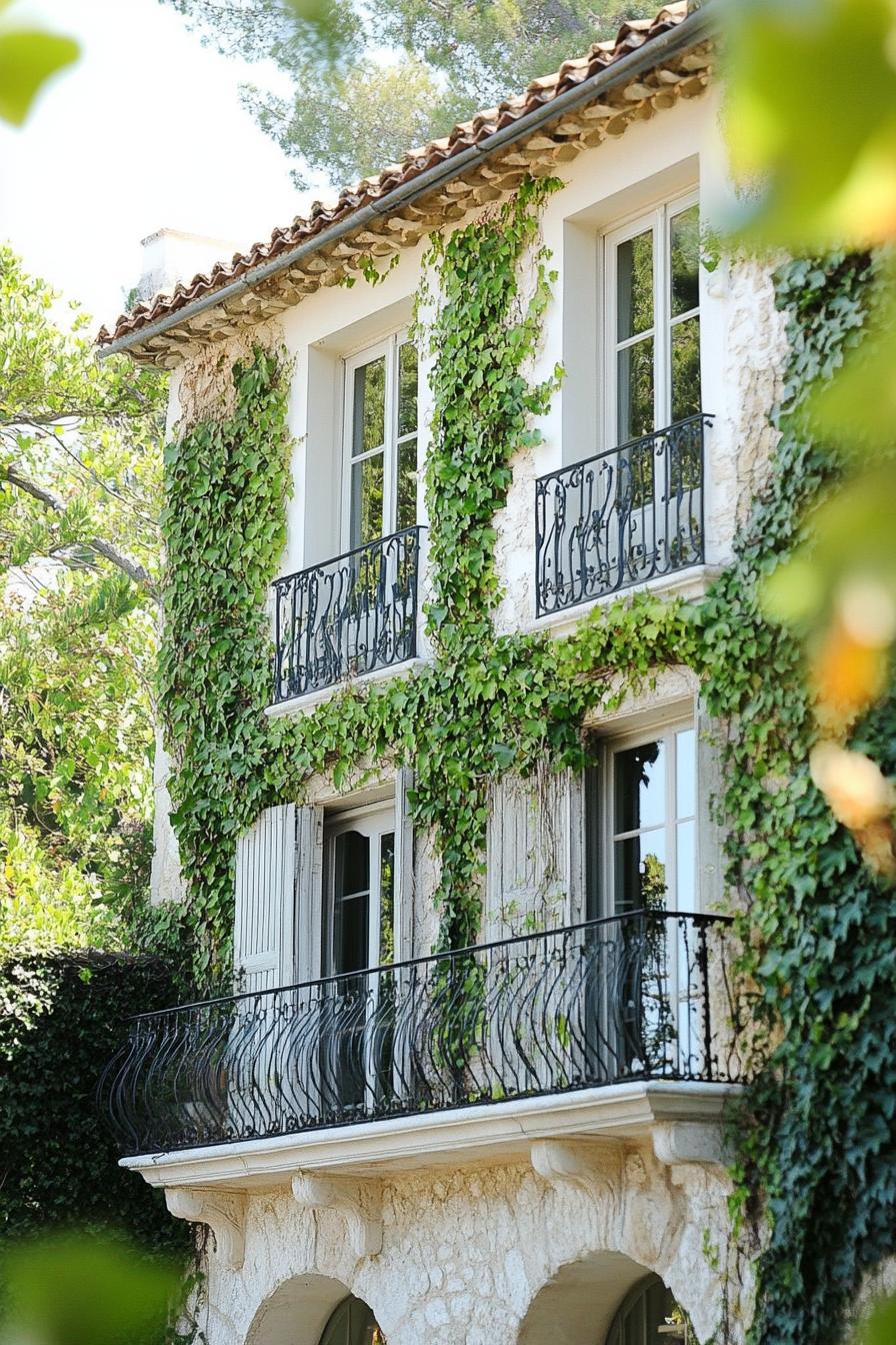 modern French country house facade with ivy covered trellis and iron balconies French riviera views 1