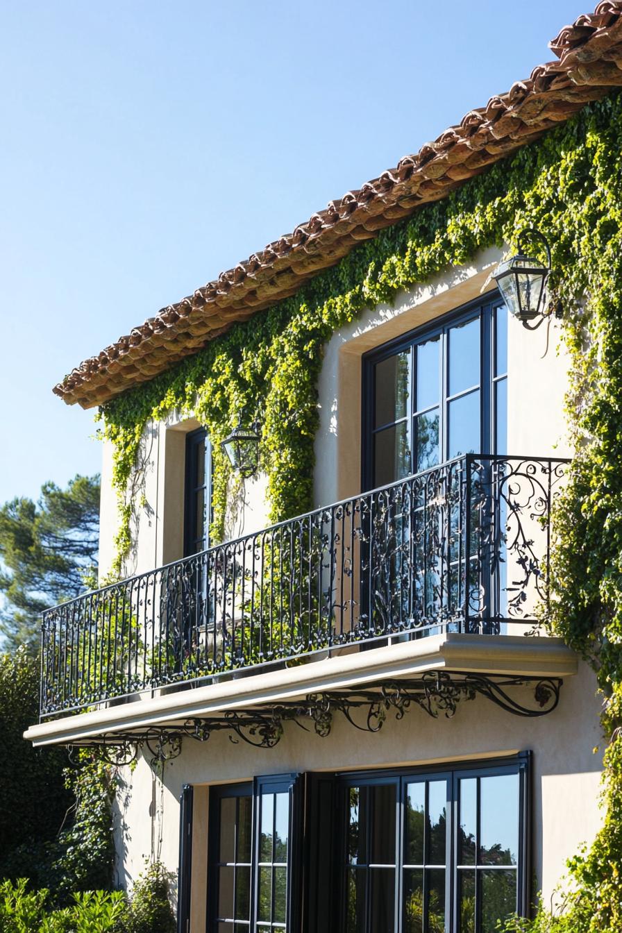 modern French country house facade with ivy covered trellis and iron balconies French riviera views 2