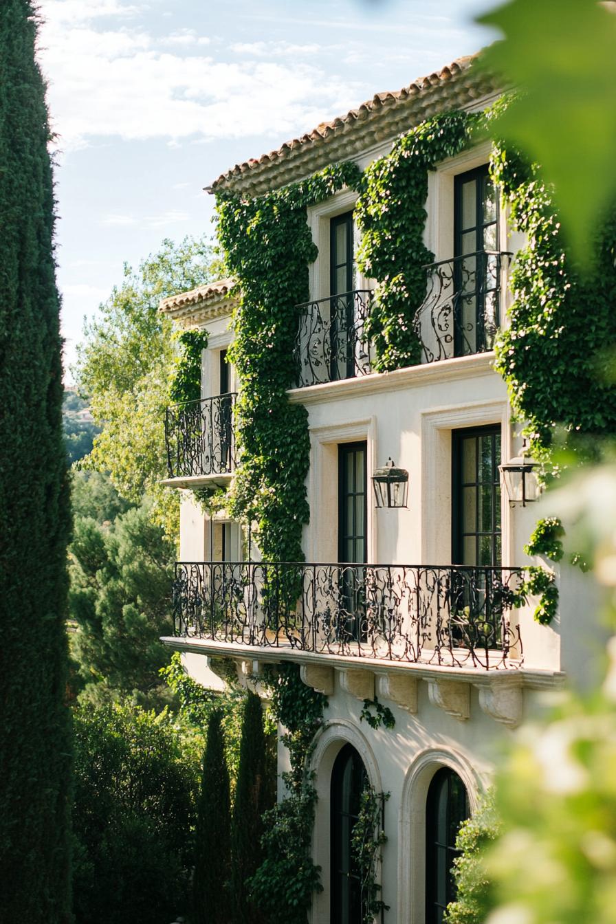 modern French country house facade with ivy covered trellis and iron balconies French riviera views 3