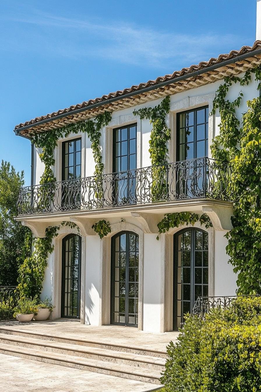 modern French country house facade with ivy covered trellis and iron balconies French riviera views