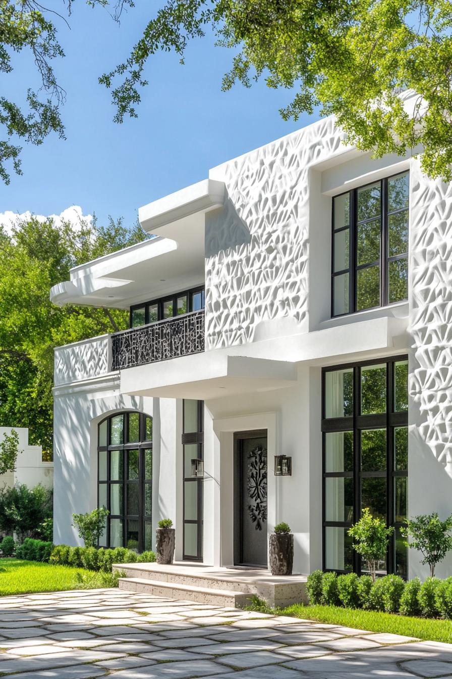 modern French house facade in white stucco geometric patterns 2