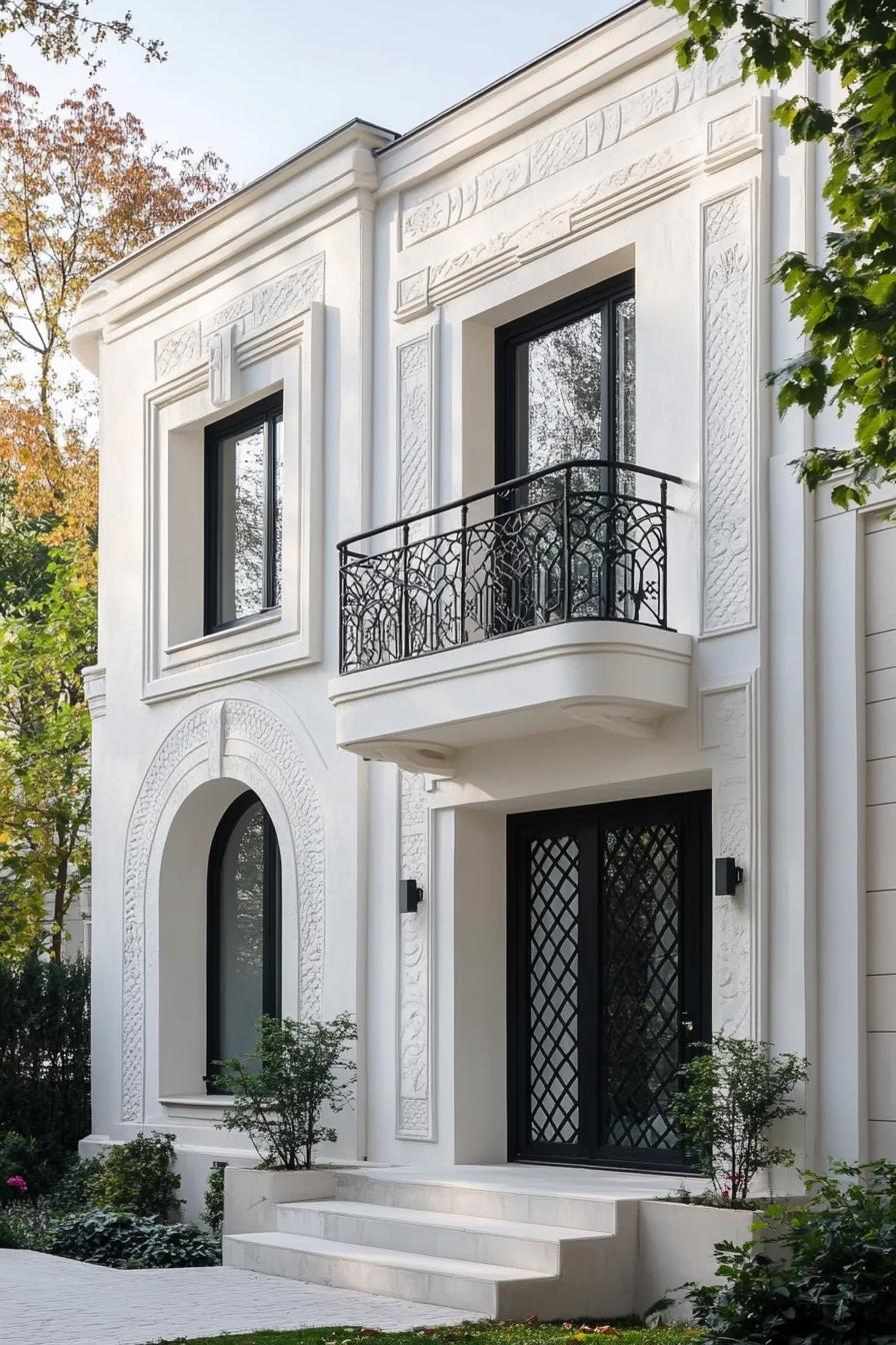 modern French house facade in white stucco geometric patterns