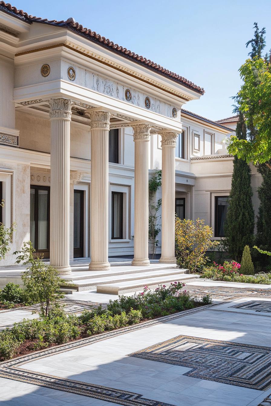 modern Greek marble mansion courtyard with columns mosaics and lush garden 1