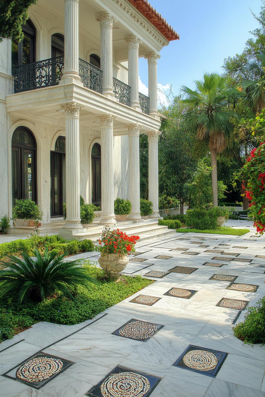 modern Greek marble mansion courtyard with columns mosaics and lush garden 2