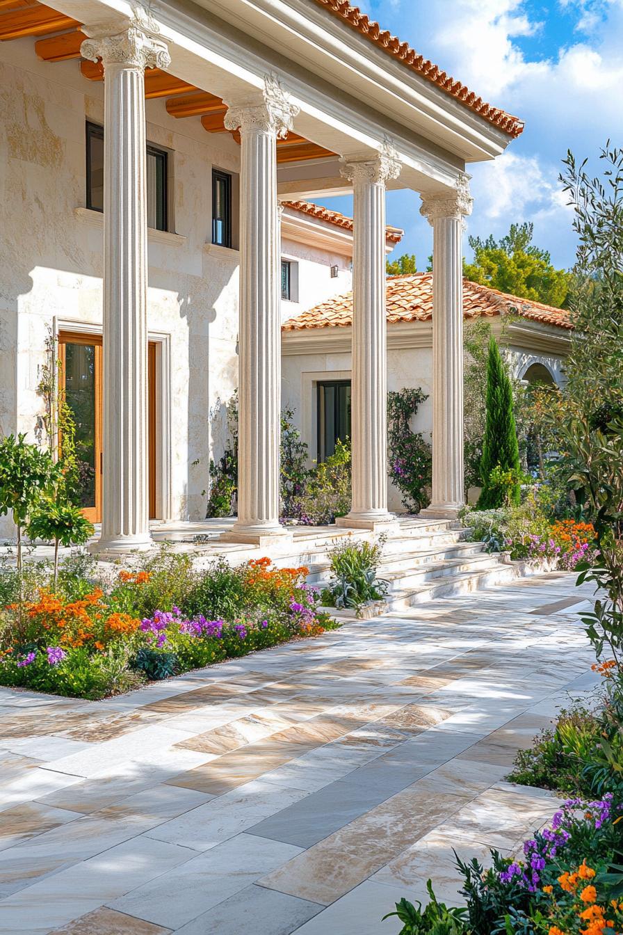 modern Greek marble mansion courtyard with columns mosaics and lush garden 3