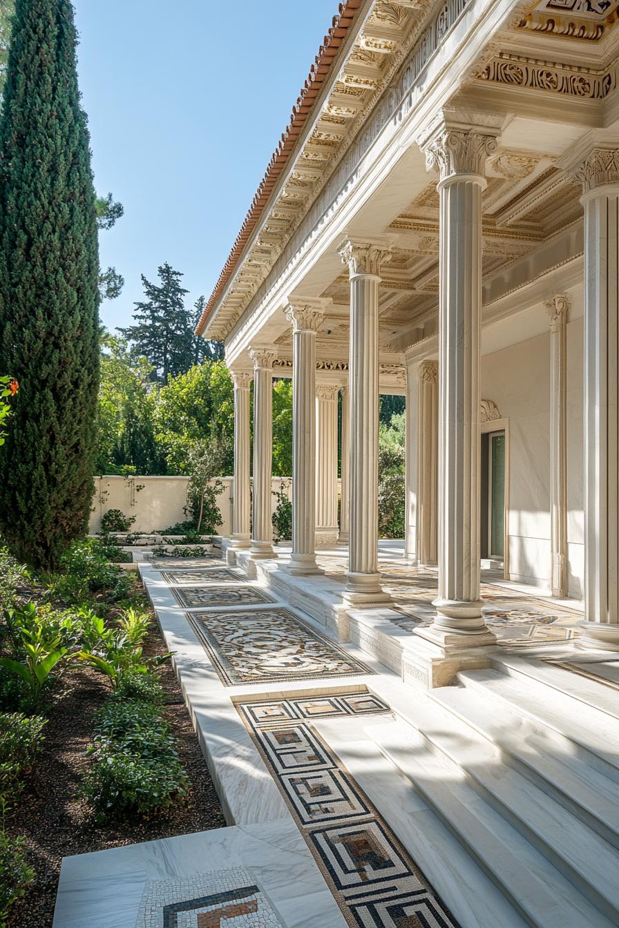 modern Greek marble mansion courtyard with columns mosaics and lush garden