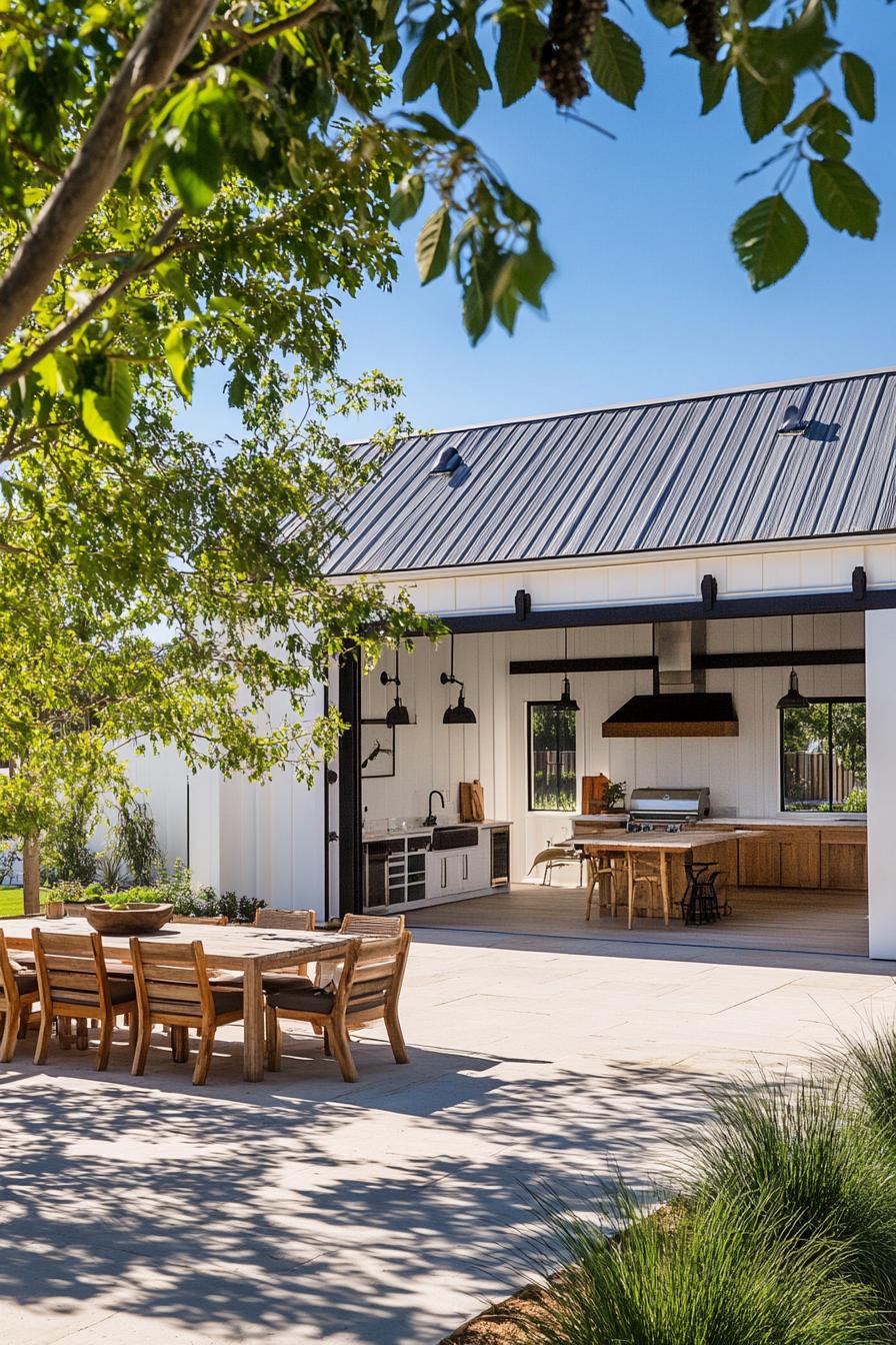 modern L shaped farmhouse courtyard with outdoor kitchen area connected to the inside via sliding barn door 1