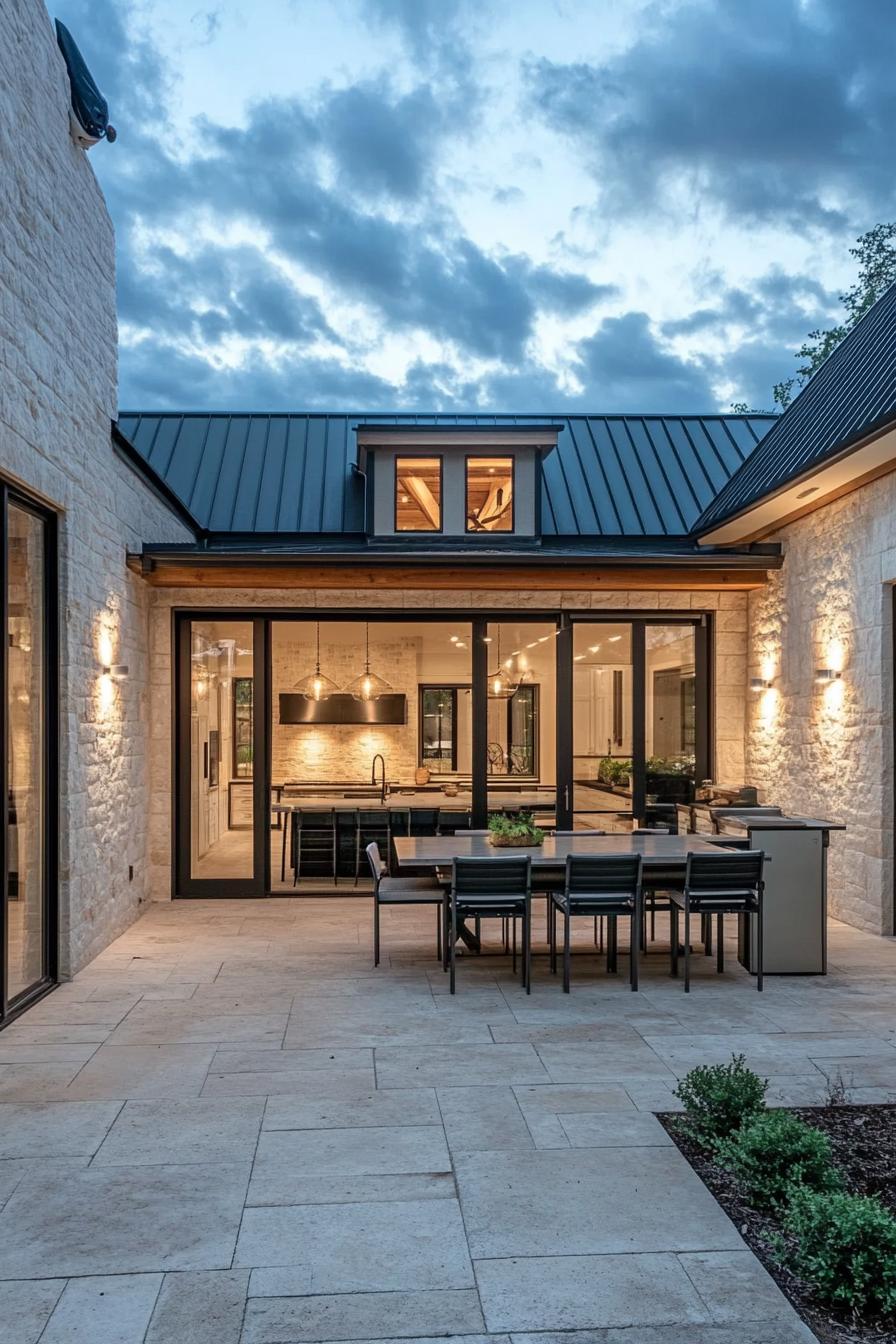 modern L shaped farmhouse courtyard with outdoor kitchen area connected to the inside via sliding barn door 3