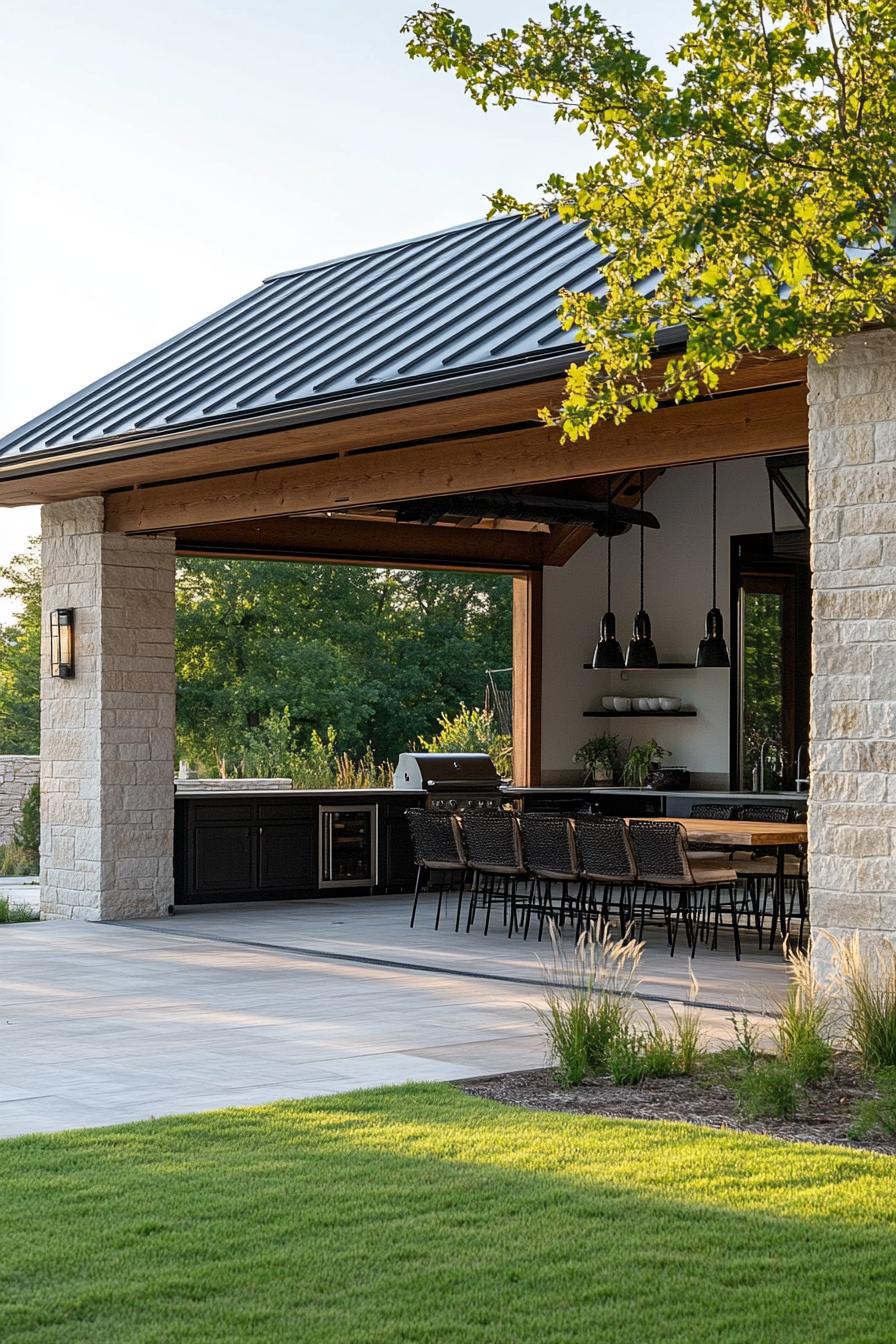 modern L shaped farmhouse courtyard with outdoor kitchen area connected to the inside via sliding barn door