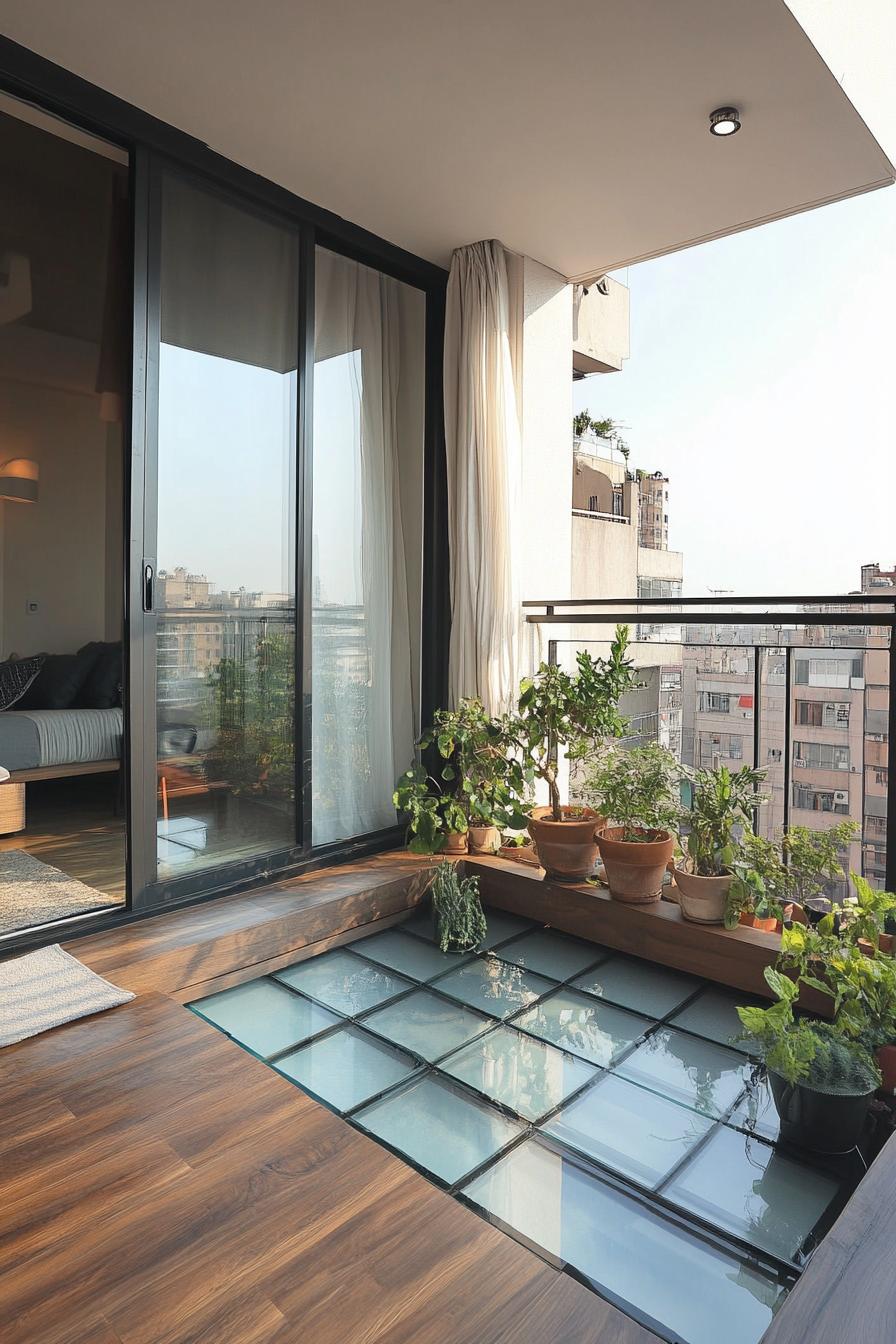 modern apartment small balcony interior with glass floor tiles