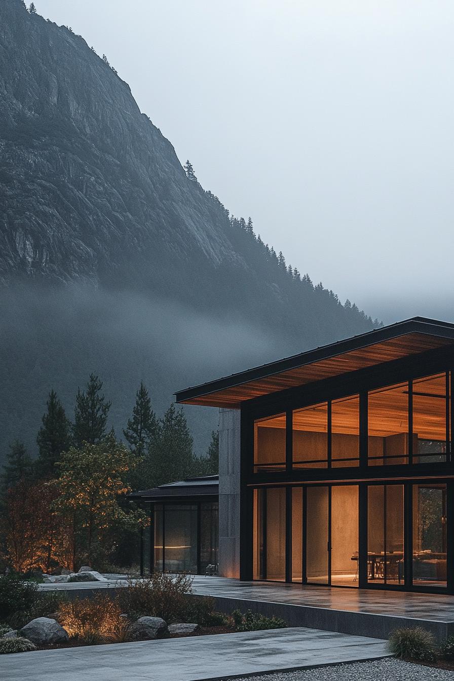 modern barn style house facade with floor to ceiling windows imposing mountain in the background misty weather 1