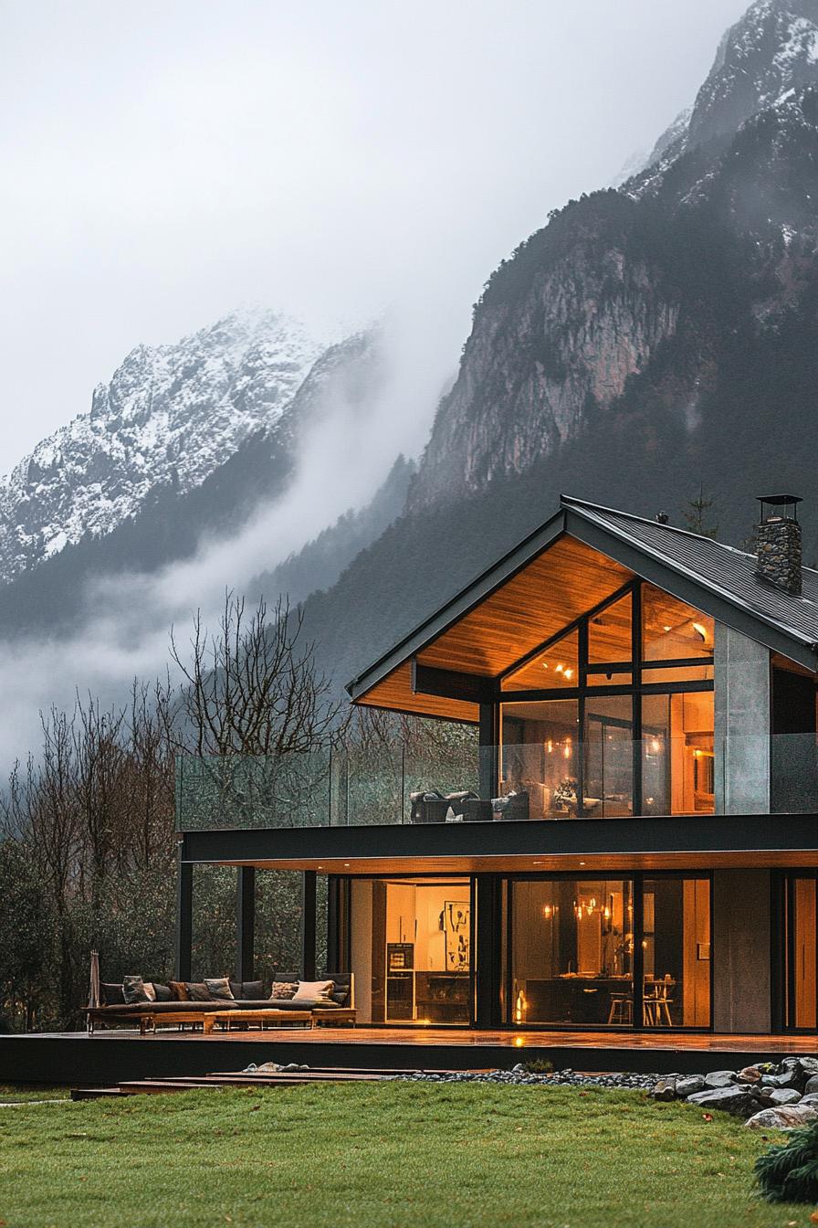 modern barn style house facade with floor to ceiling windows imposing mountain in the background misty weather 2