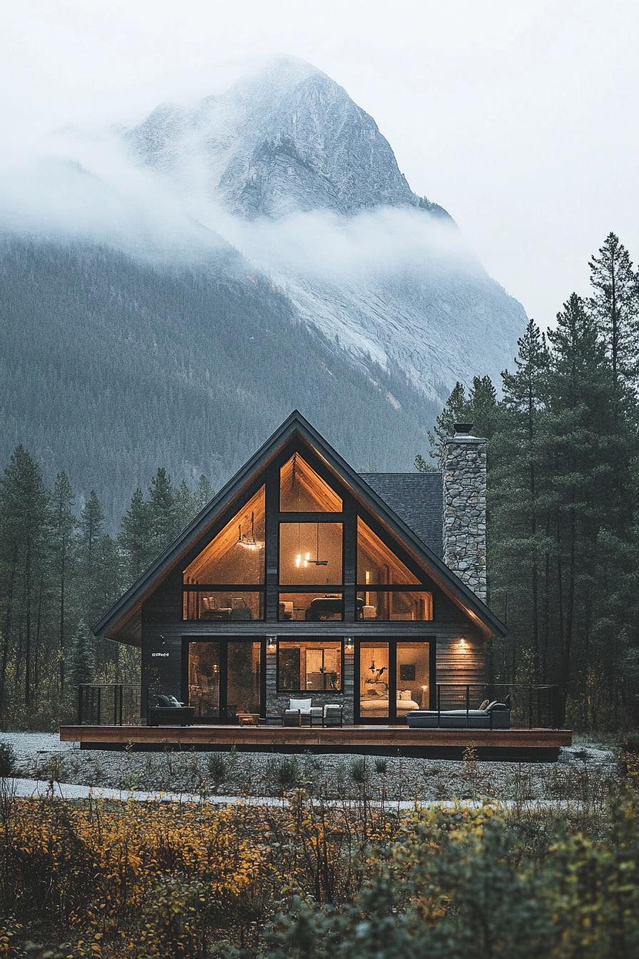 modern barn style house facade with floor to ceiling windows imposing mountain in the background misty weather 3