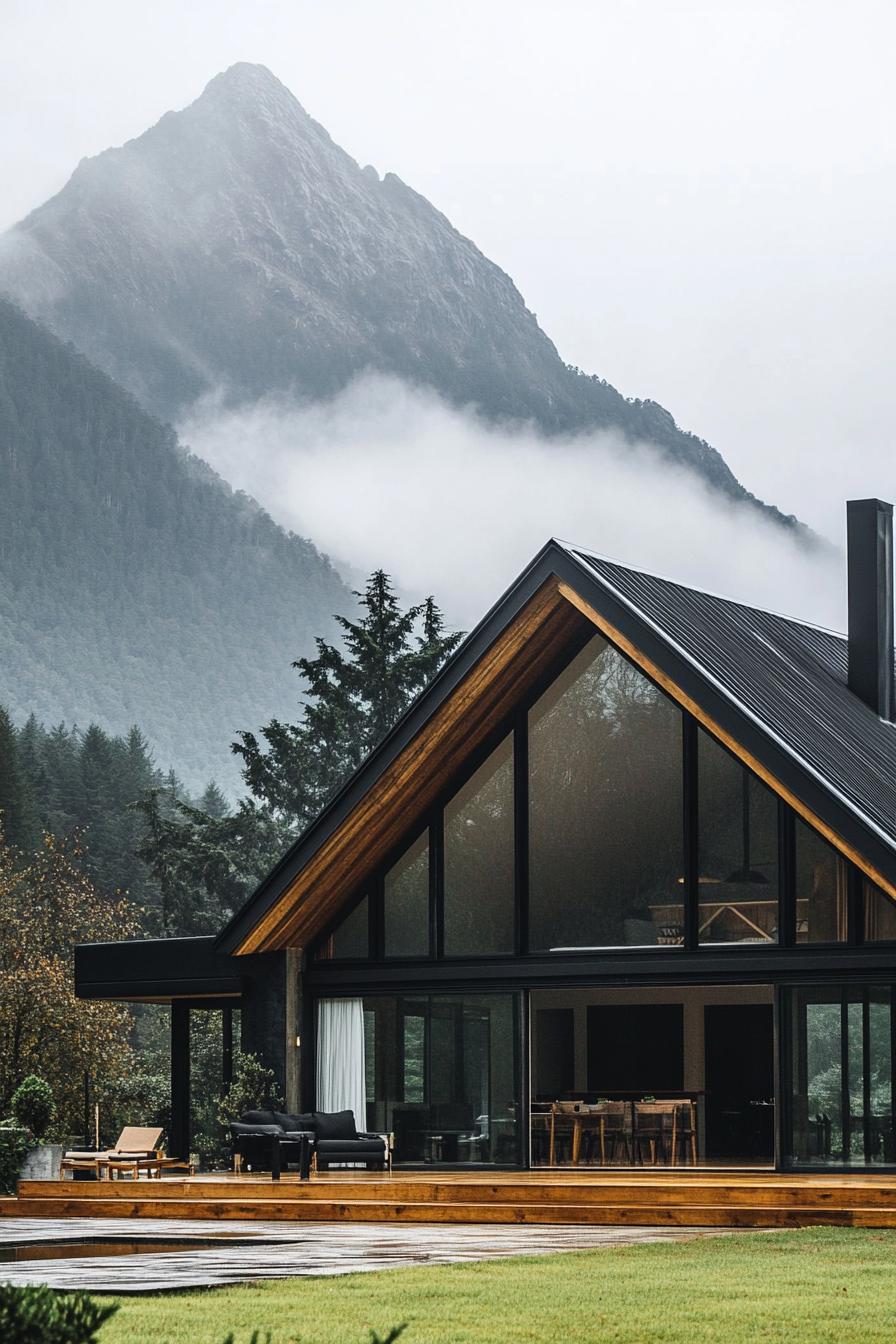 modern barn style house facade with floor to ceiling windows imposing mountain in the background misty weather