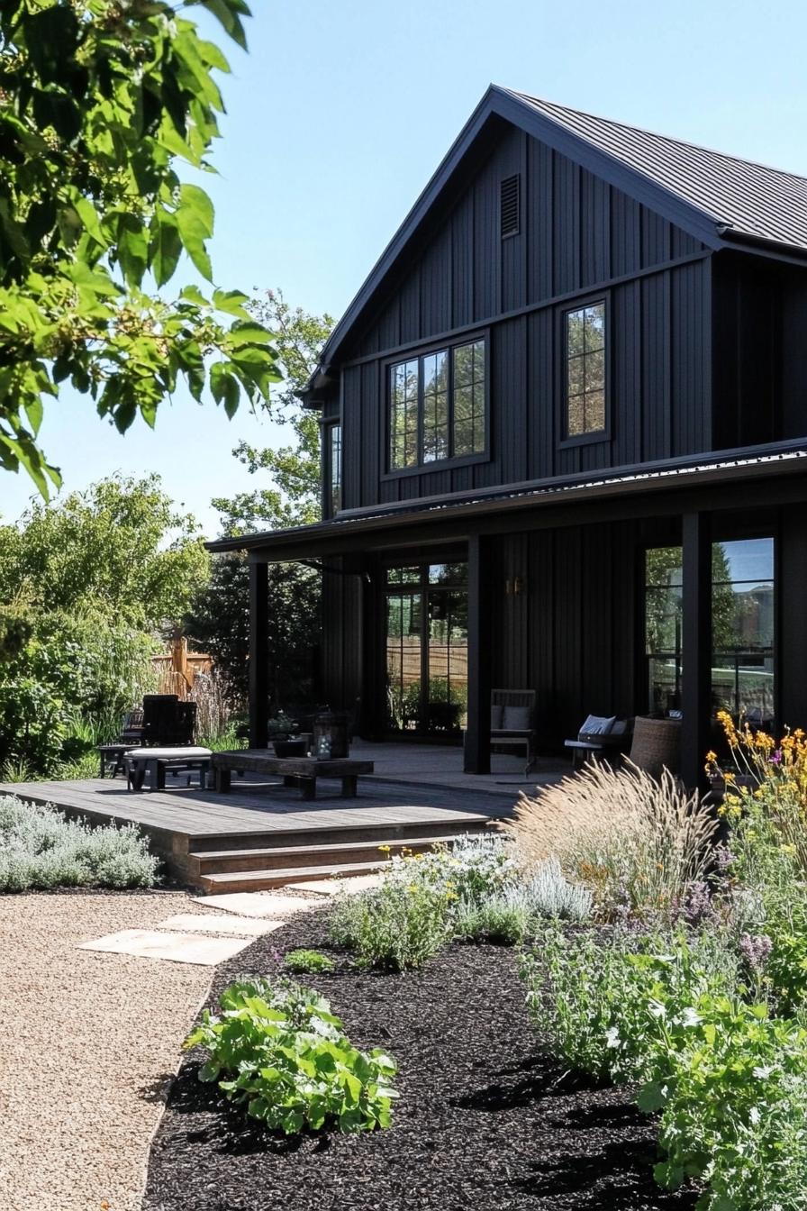 modern barndominium house facade of black stained wood with black trim beautiful farmhouse garden landscape 1