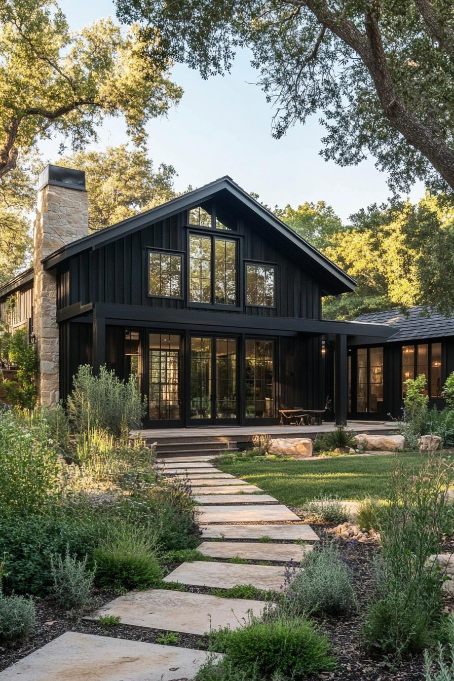 modern barndominium house facade of black stained wood with black trim beautiful farmhouse garden landscape 2