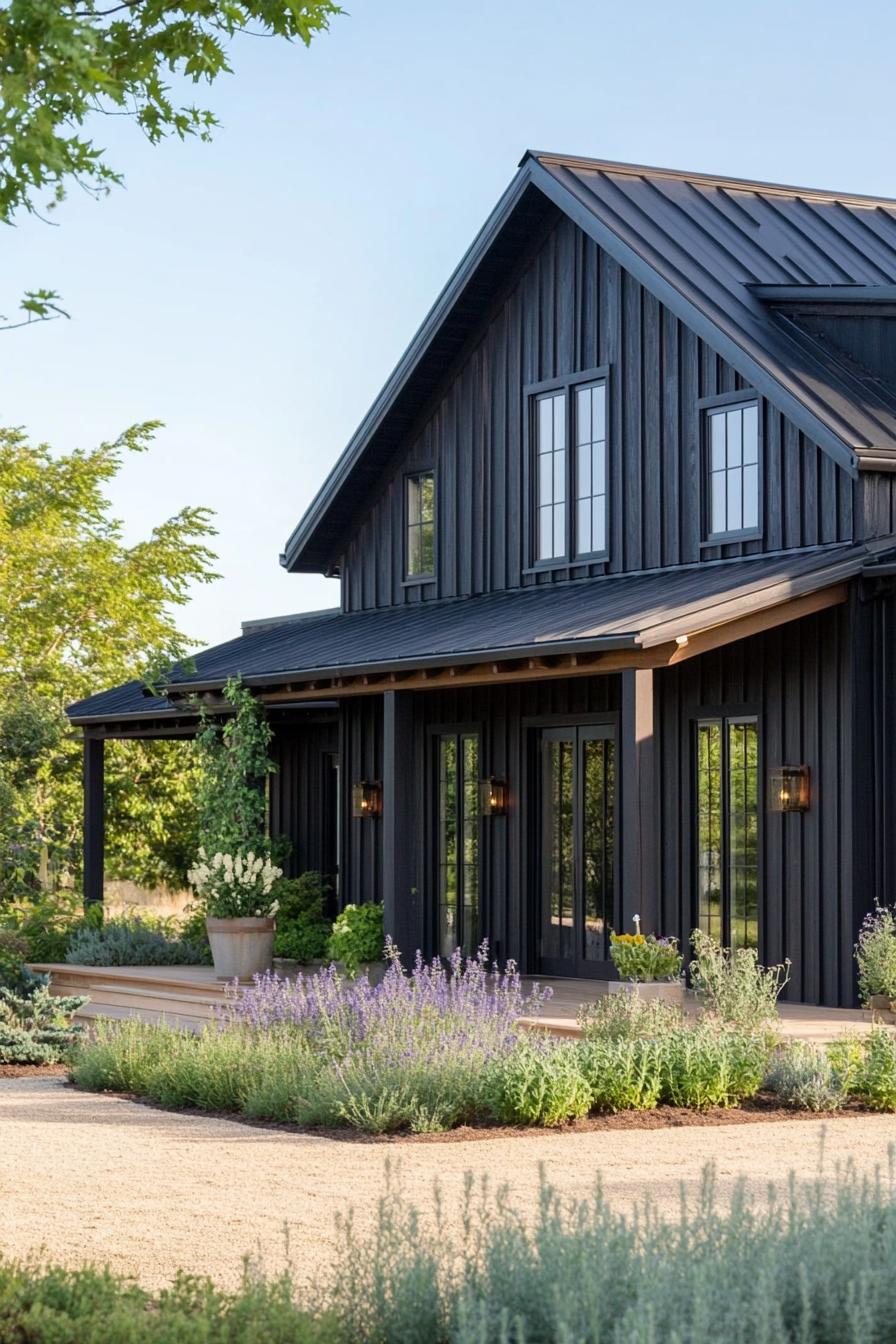 modern barndominium house facade of black stained wood with black trim beautiful farmhouse garden landscape 3