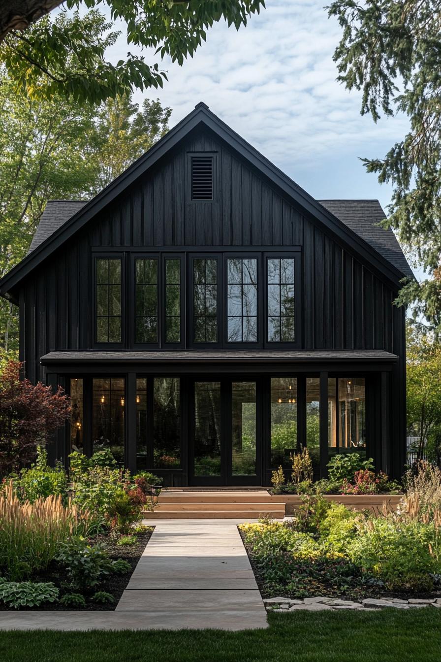 modern barndominium house facade of black stained wood with black trim beautiful farmhouse garden landscape