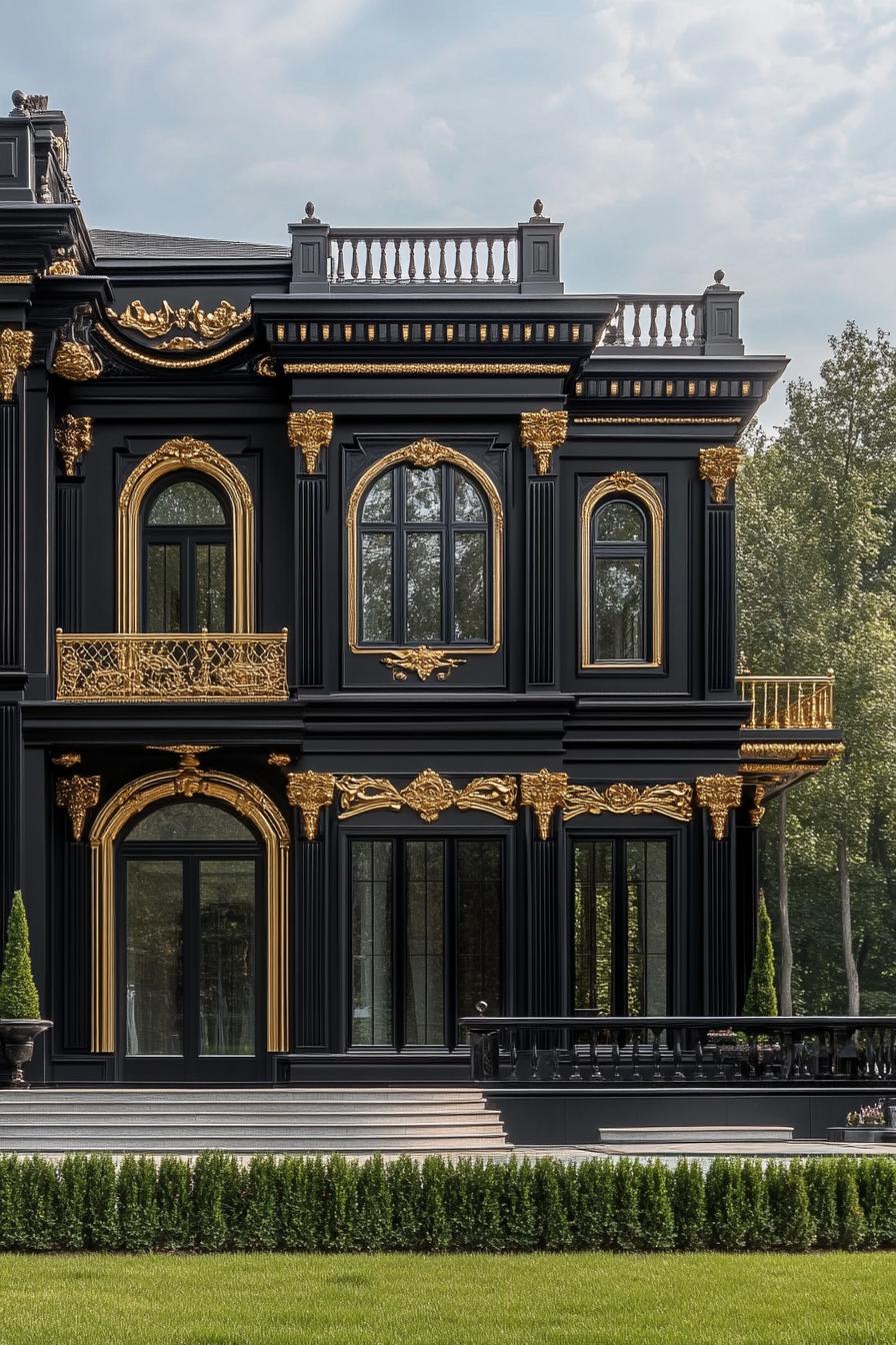 modern baroque style dark mansion house with gold accents 1