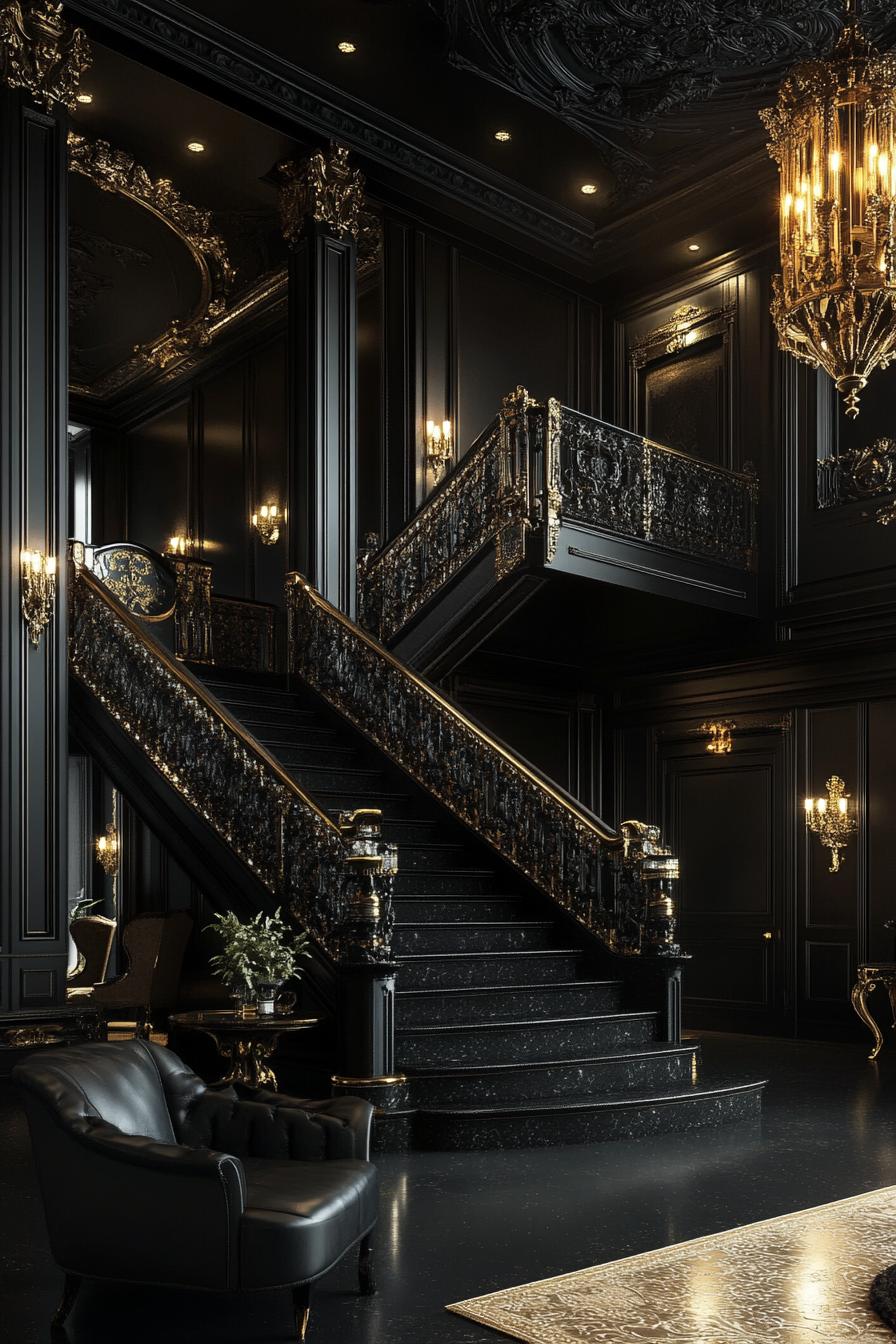 modern baroque style dark mansion house with gold accents 2