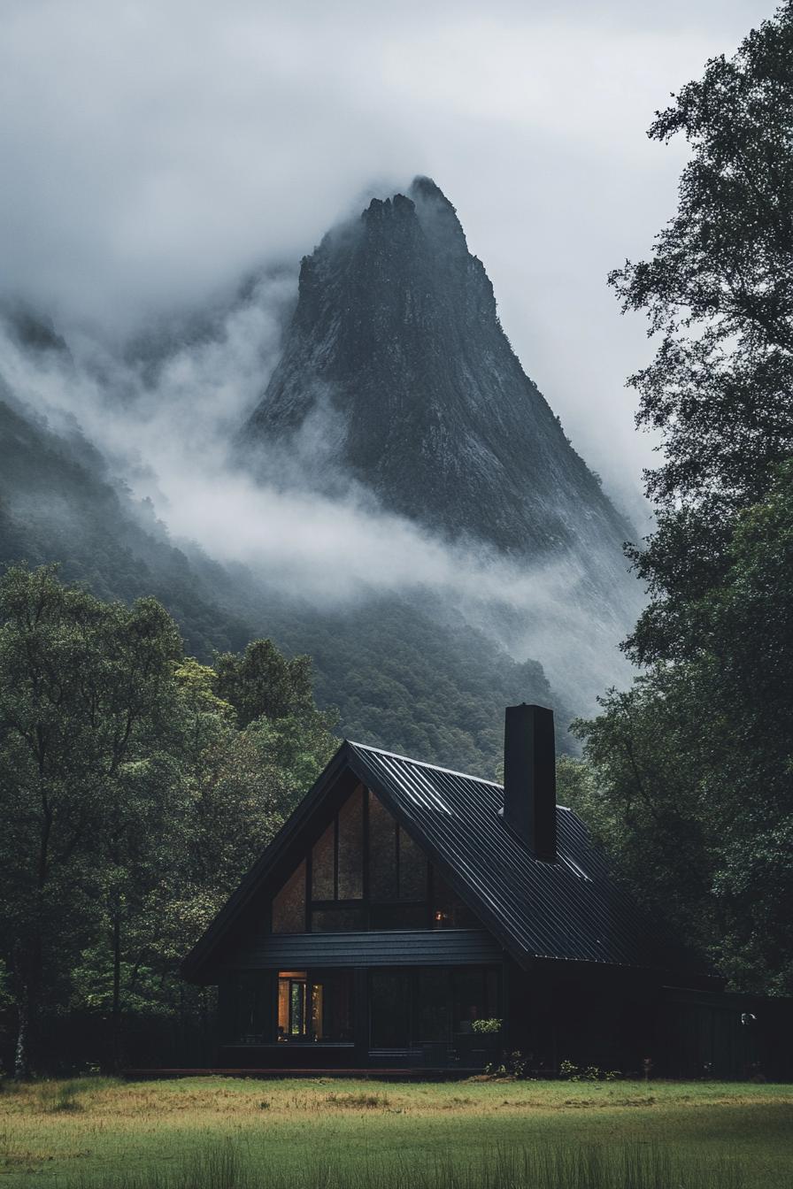 modern dark gothic style house with imposing foggy mountain in the background 1