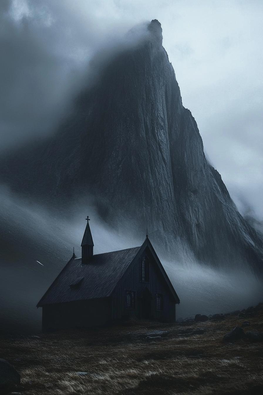 modern dark gothic style house with imposing foggy mountain in the background 2