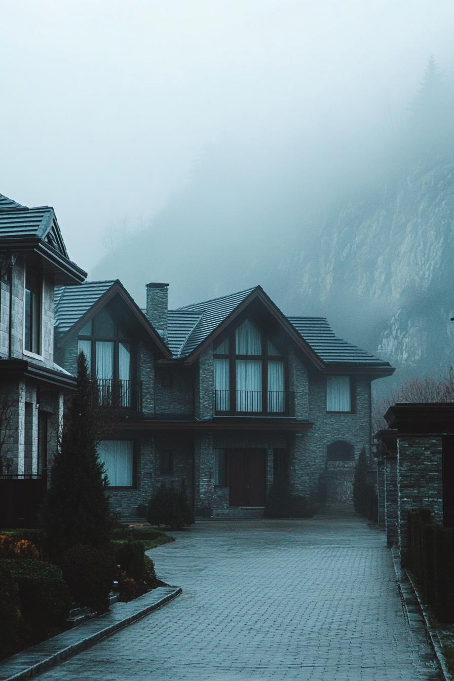 modern dark gothic style house with imposing foggy mountain in the background 3