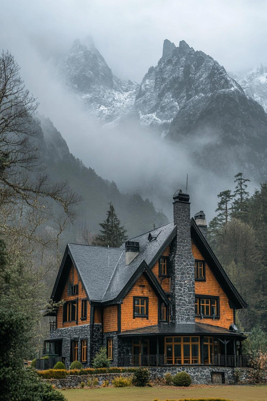 modern dark gothic style house with imposing foggy mountain in the background